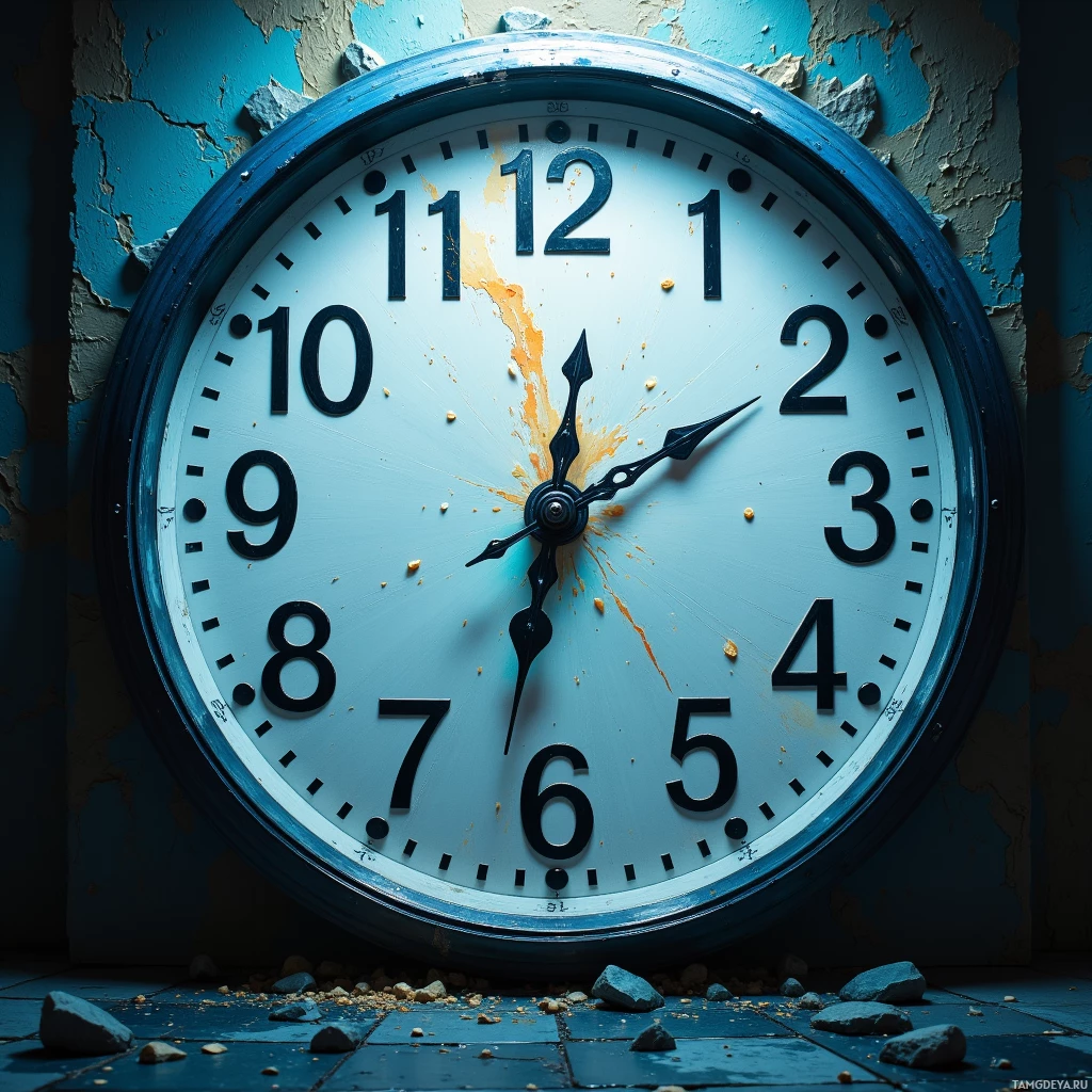 A large, round clock with a blue frame and a white face, showing the time as 10:10, is mounted on a wall with peeling paint.