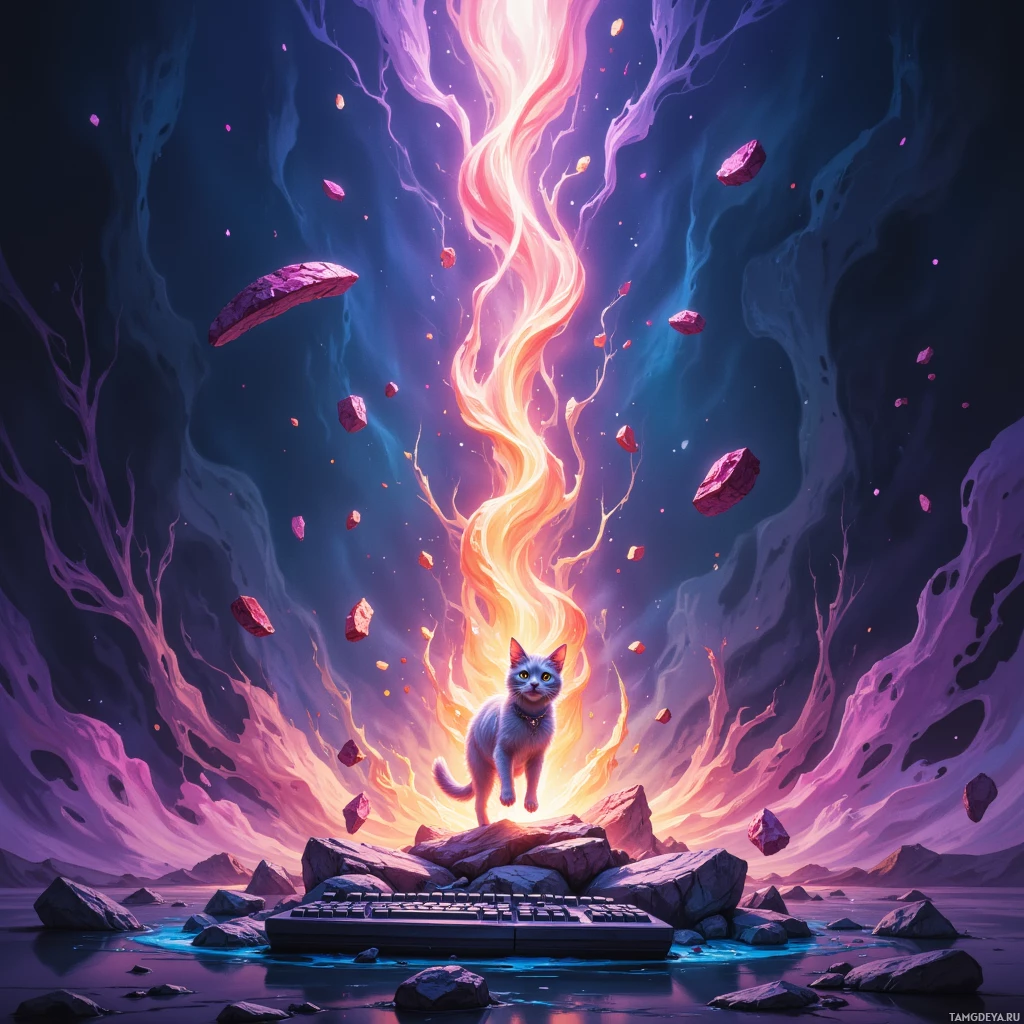 Semi-abstract image with many empty light space at center of beautiful background, that is suitable for the post:  Snack crumbs scatter like unplayed quests while the cat scrolls the keyboard, turning my stream into a chaotic choreography.