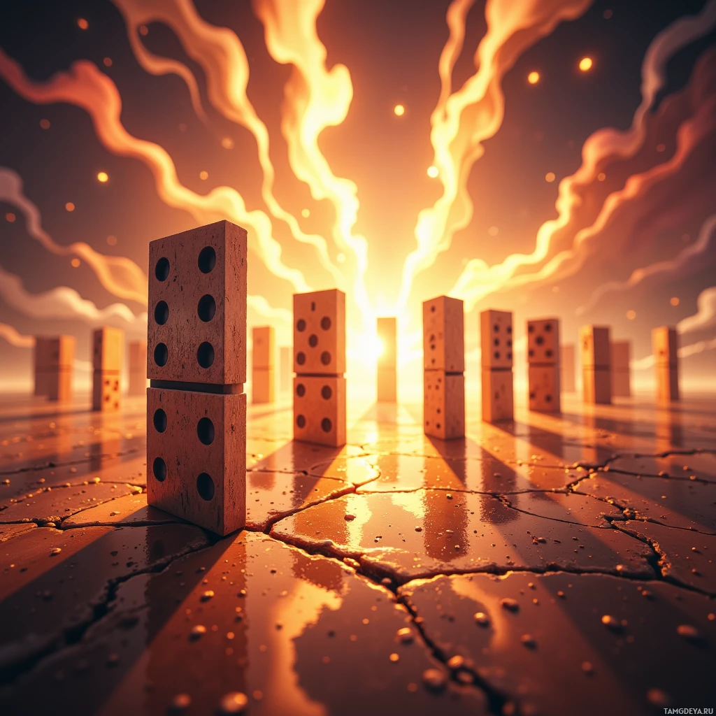 A row of dominoes stands in front of a fiery sky with dramatic lighting and smoke.
