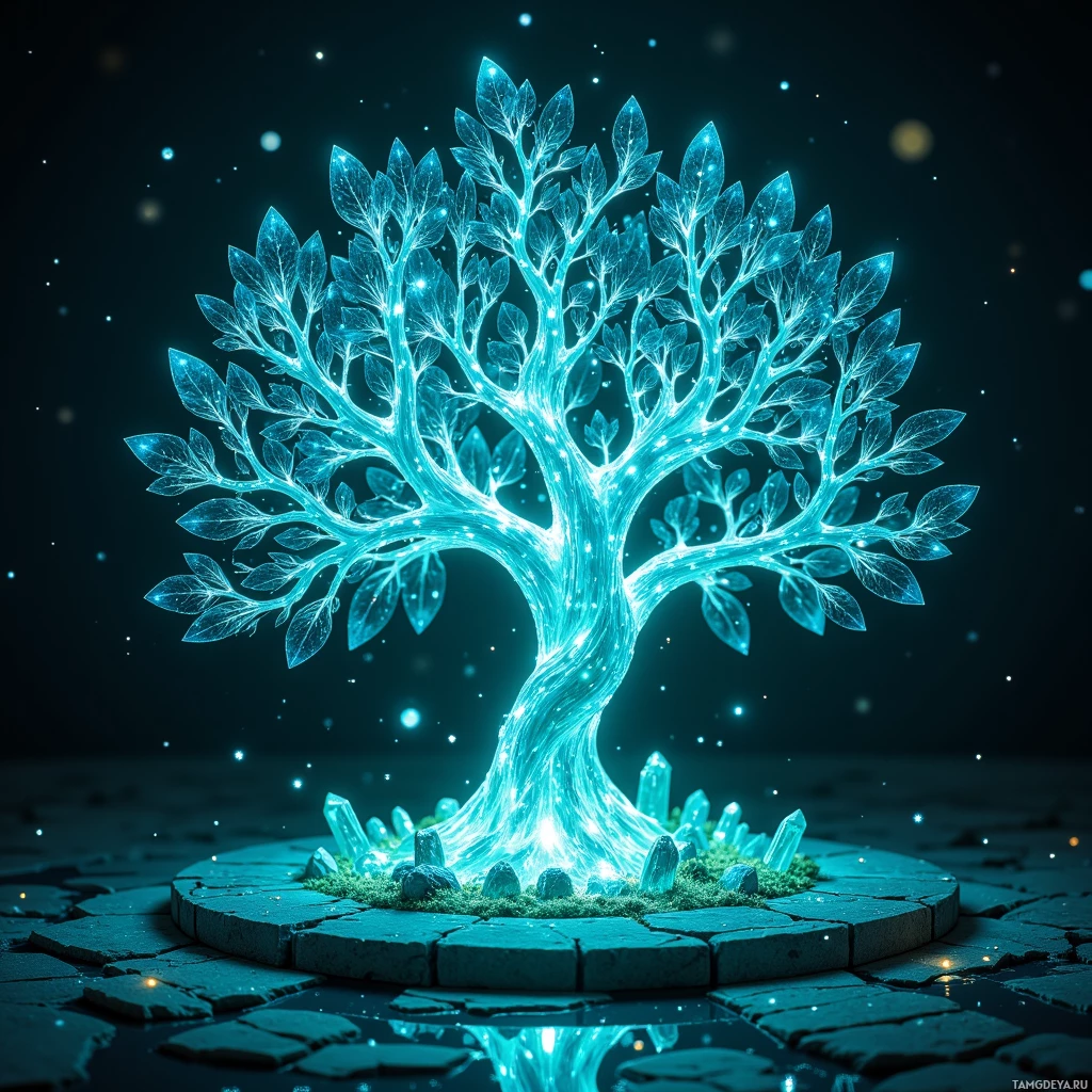 A glowing, ethereal tree with crystal-like leaves and base, set against a dark, starry background.