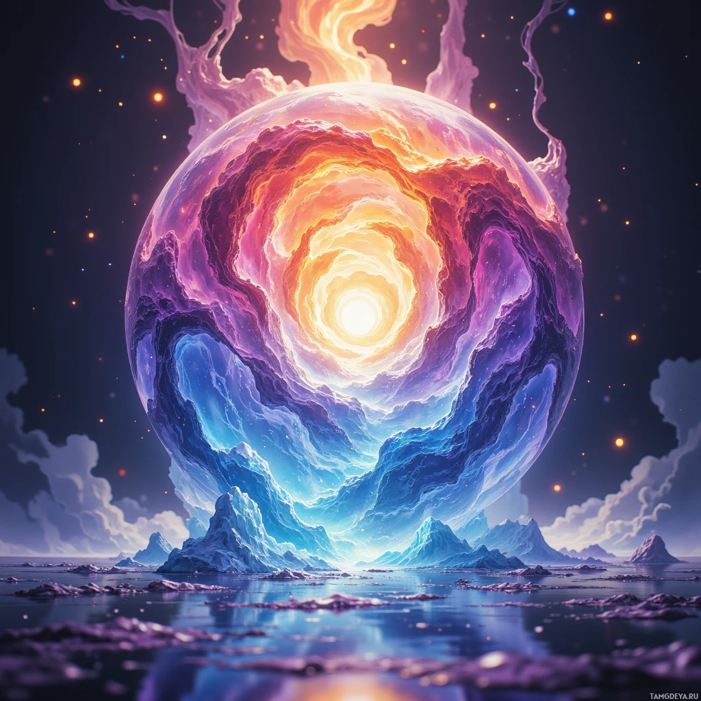 A surreal, glowing celestial body with swirling colors and a bright core, surrounded by icy landscapes and a starry sky.