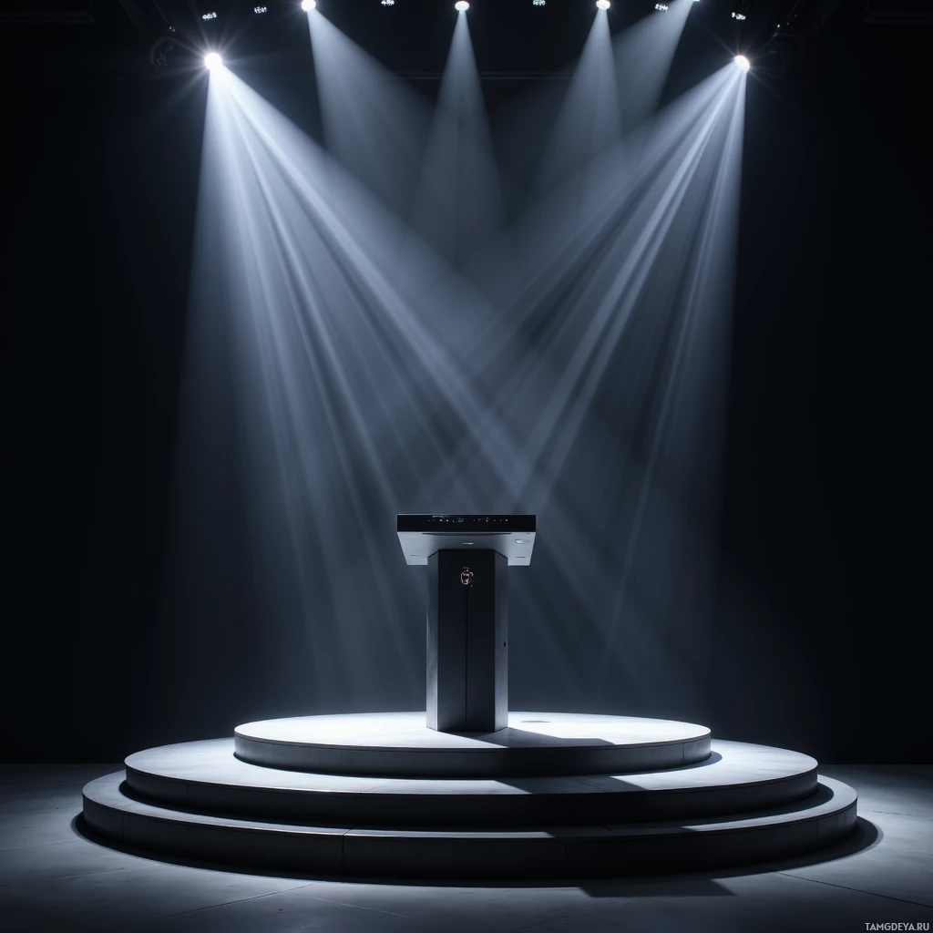 Semi-abstract image with many light, that is suitable for the post:  sleek matte‑black portable stage with a central touch‑panel, integrated smart lighting, a high‑definition camera lens, and a built‑in holographic projector, compact podium‑like design with subtle chrome accents.