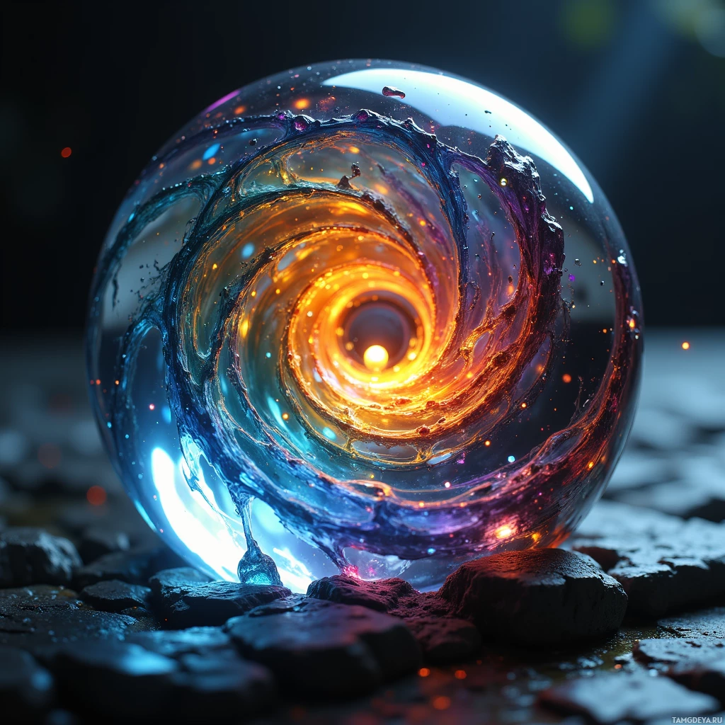 A glowing, swirling orb rests on dark rocks, emitting vibrant colors and light.