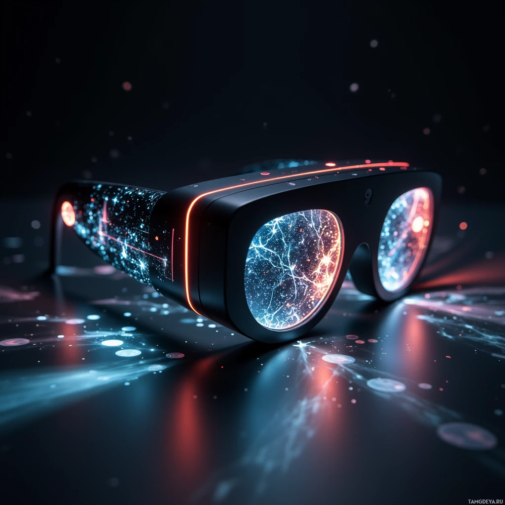 A futuristic pair of glasses with glowing, cosmic patterns on the lenses and frame.