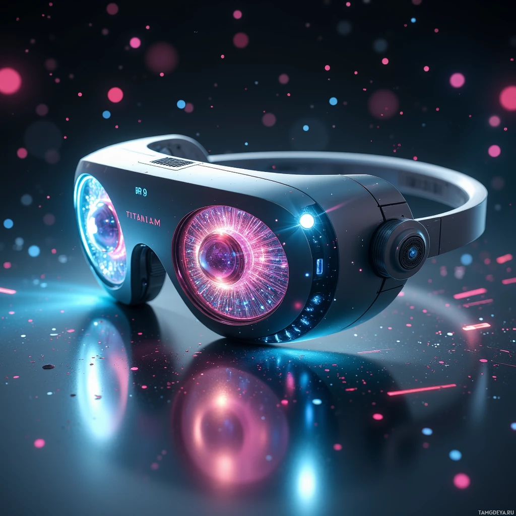 A futuristic headset with glowing pink and blue lights and the text "TITANIUM" on it.