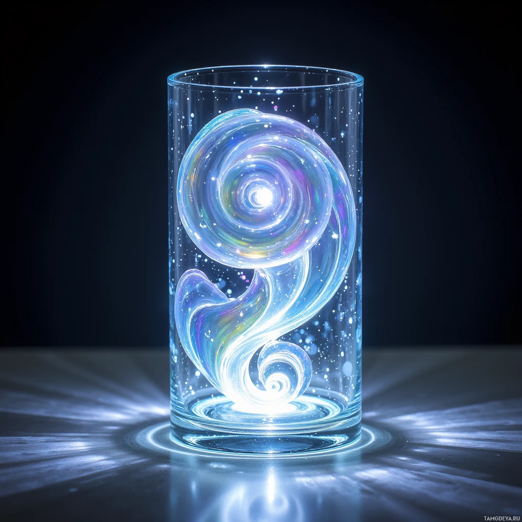 A glowing, swirling spiral inside a transparent glass against a dark background.