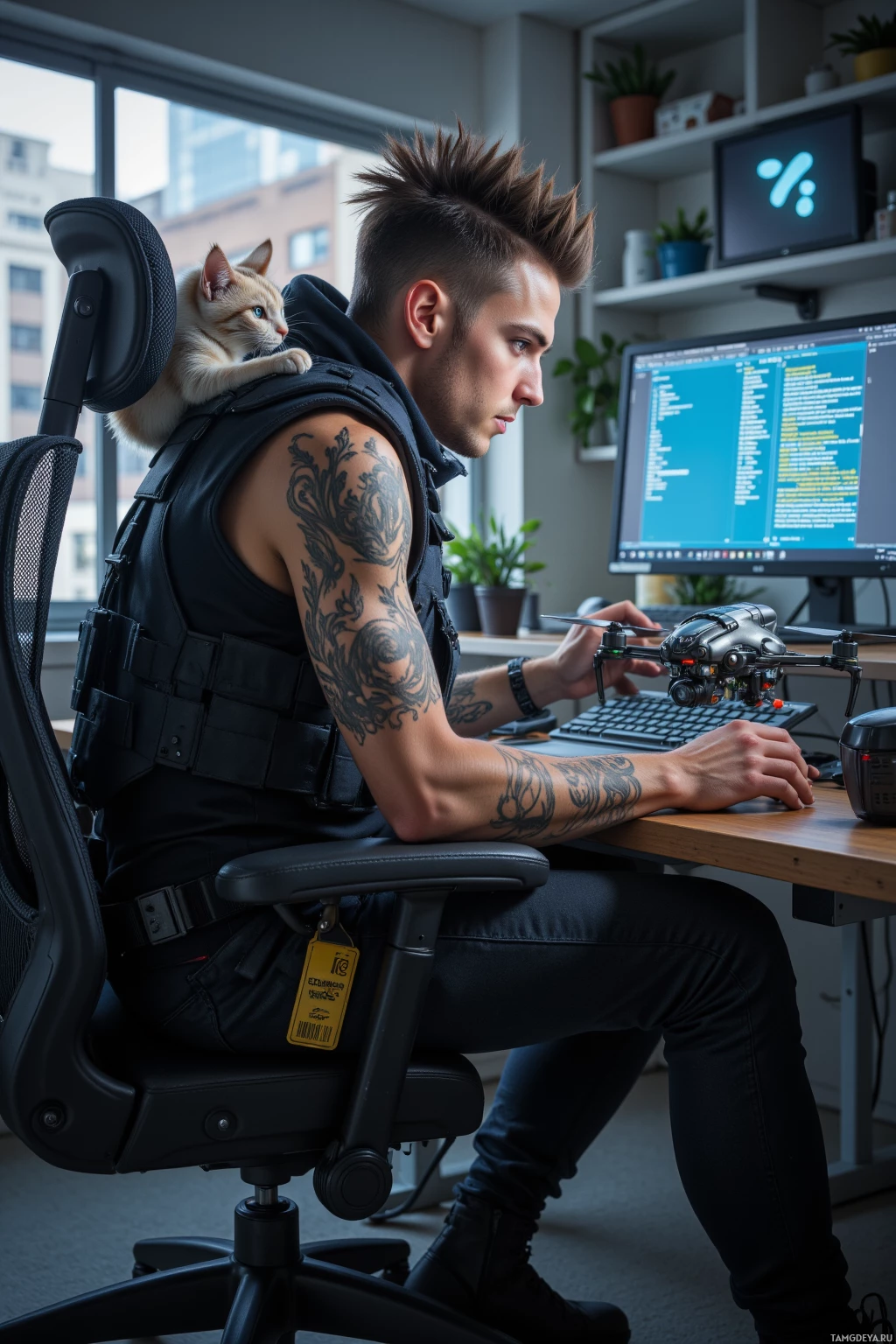 A person with a mohawk hairstyle and tattoos is sitting at a desk, working on a computer with a cat perched on their shoulder.