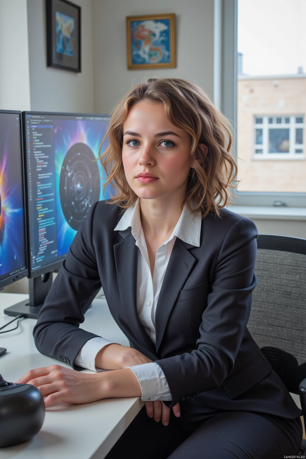 A woman in a professional setting, seated at a desk with a computer, wearing a suit and white shirt.