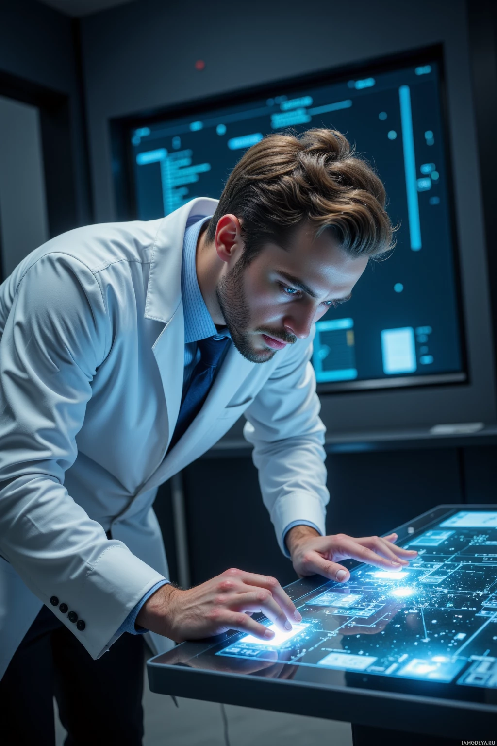 A man in a lab coat interacts with a futuristic, illuminated touchscreen interface.
