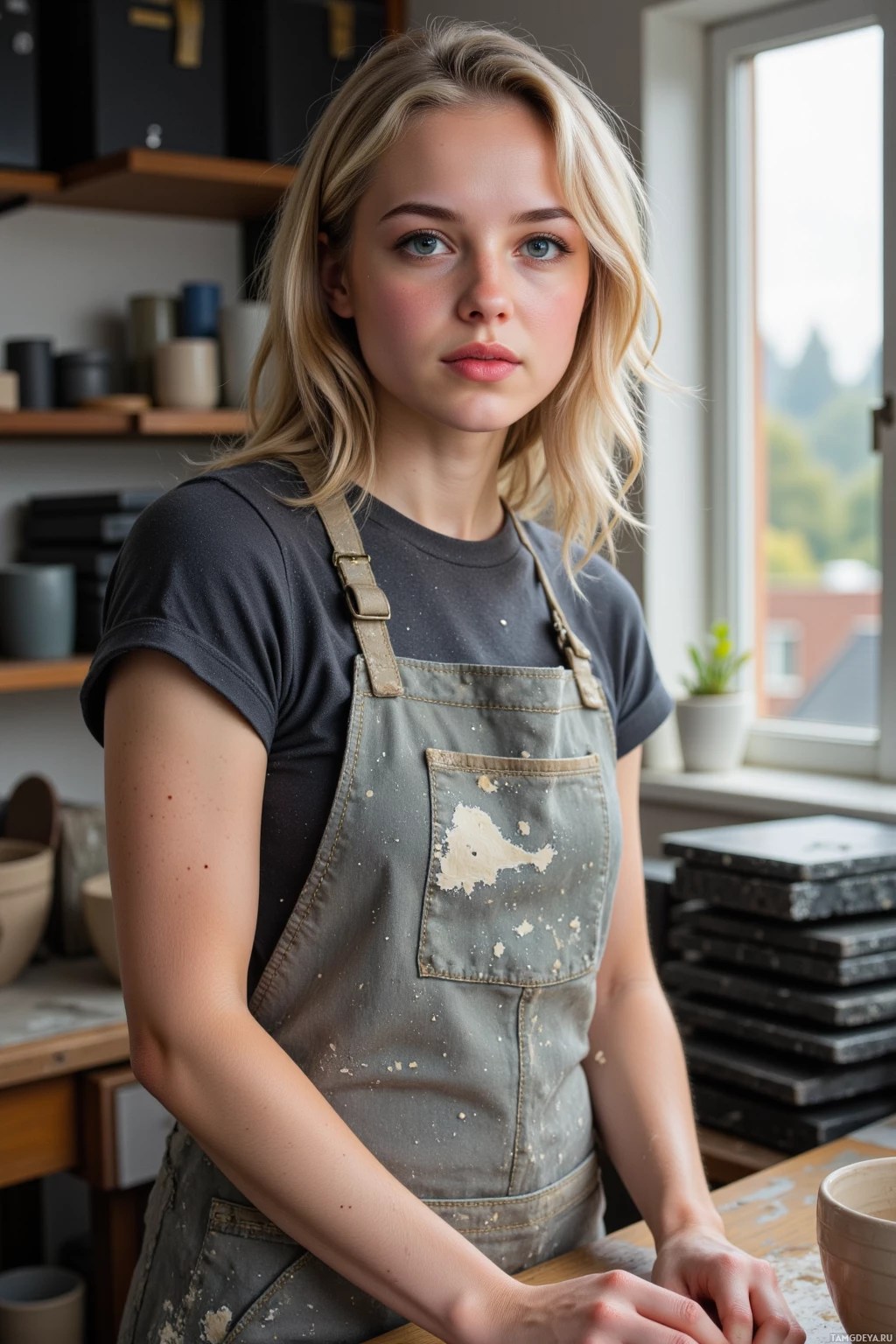 A person wearing an apron stands in a pottery studio.