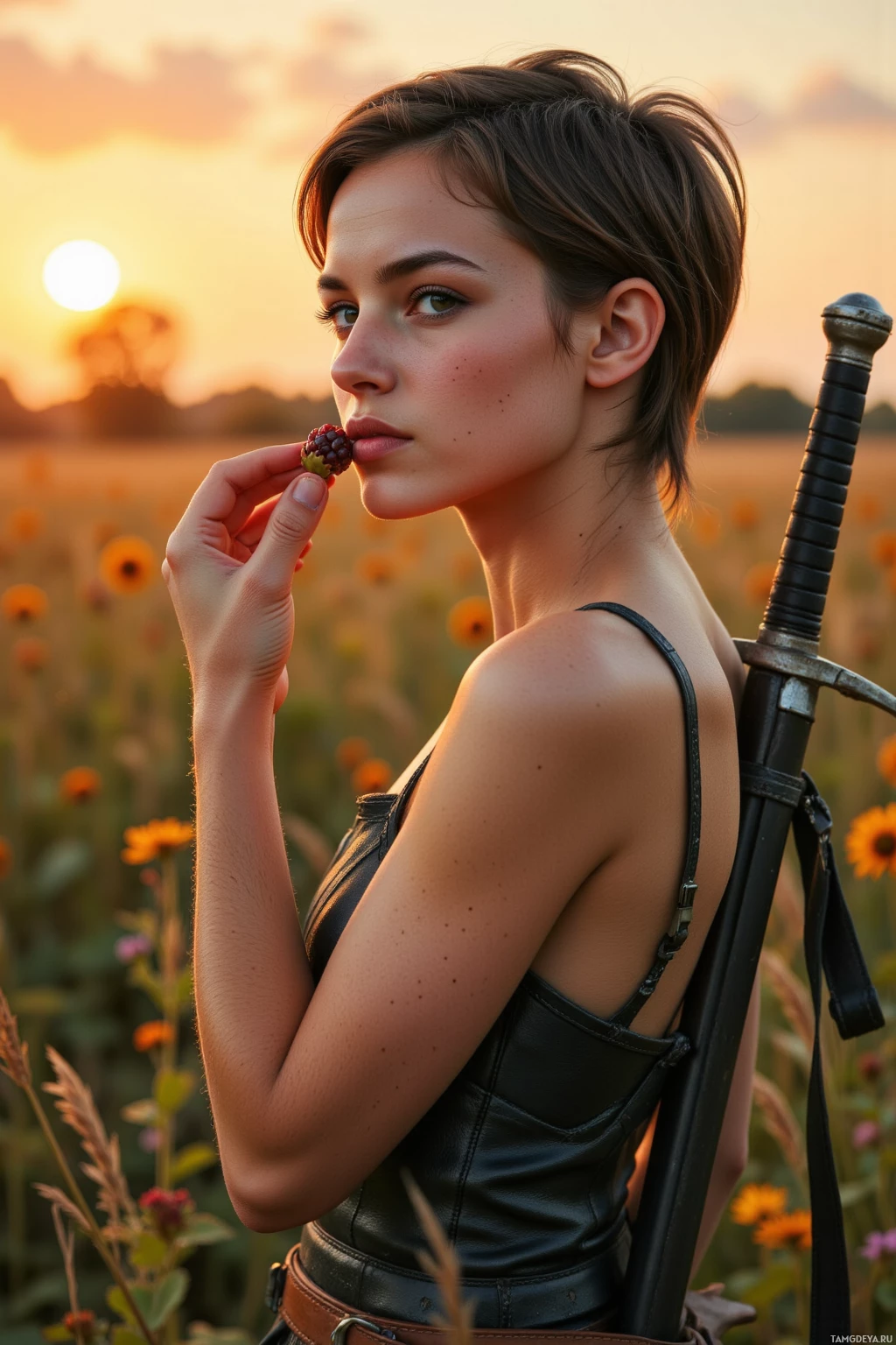 A woman in a leather outfit holds a berry near her mouth, standing in a field at sunset.