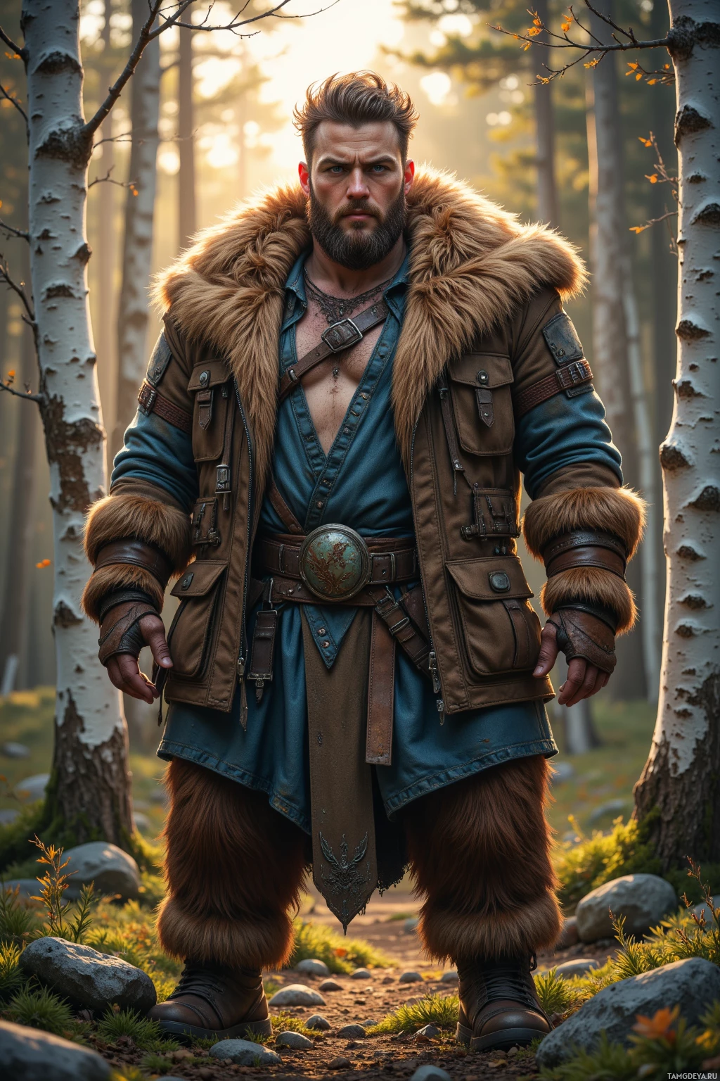 A rugged individual stands in a forest, dressed in a fur-lined jacket and leather attire, with a belt adorned with a decorative buckle.