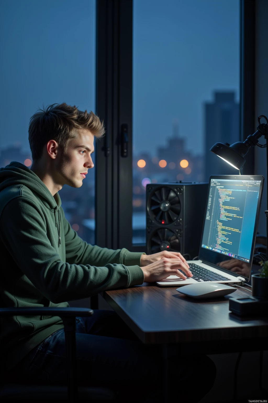 A person is sitting at a desk in front of a laptop, working in a dimly lit room with a cityscape visible through the window.