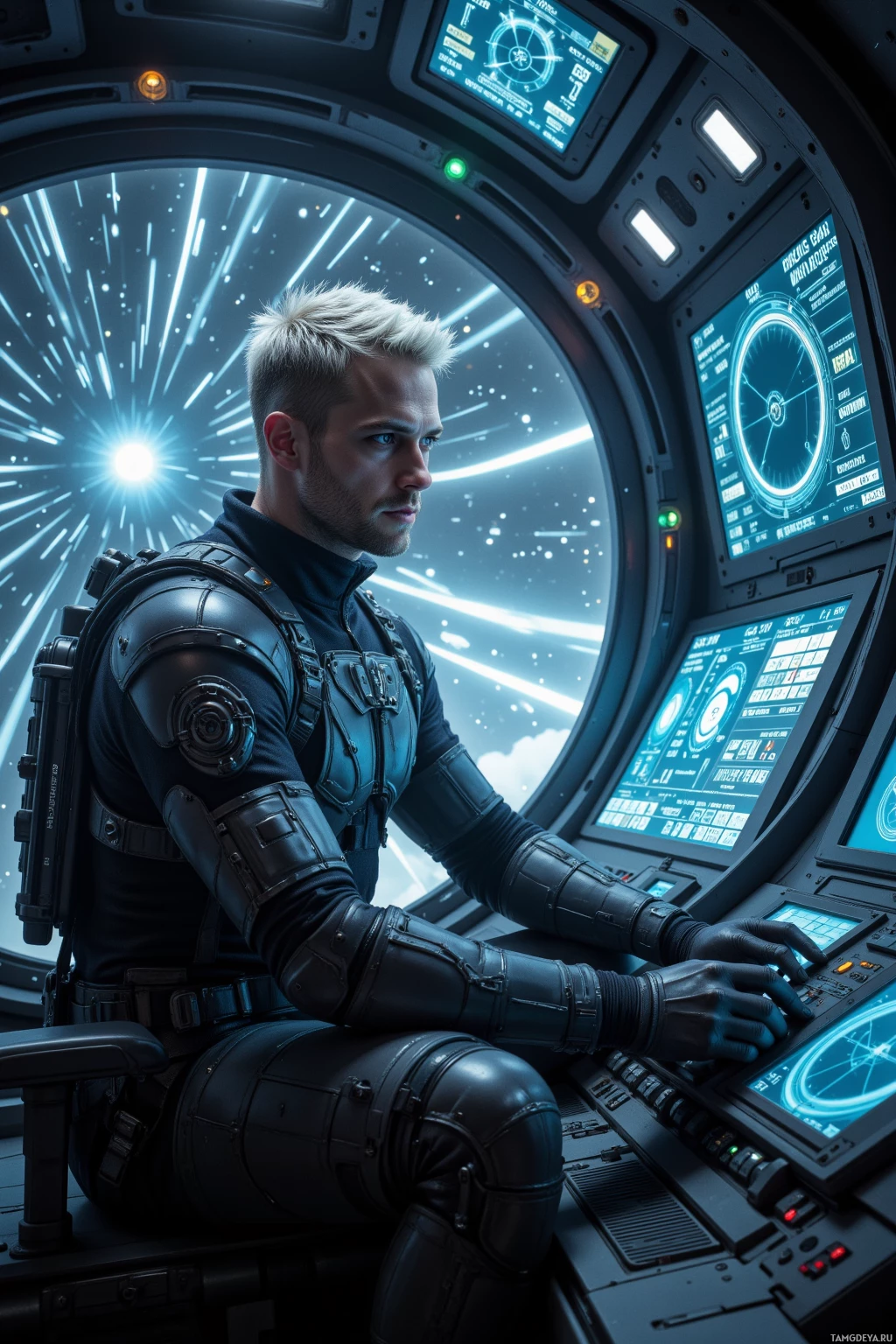 A person in futuristic armor operates a control panel in a spacecraft cockpit.