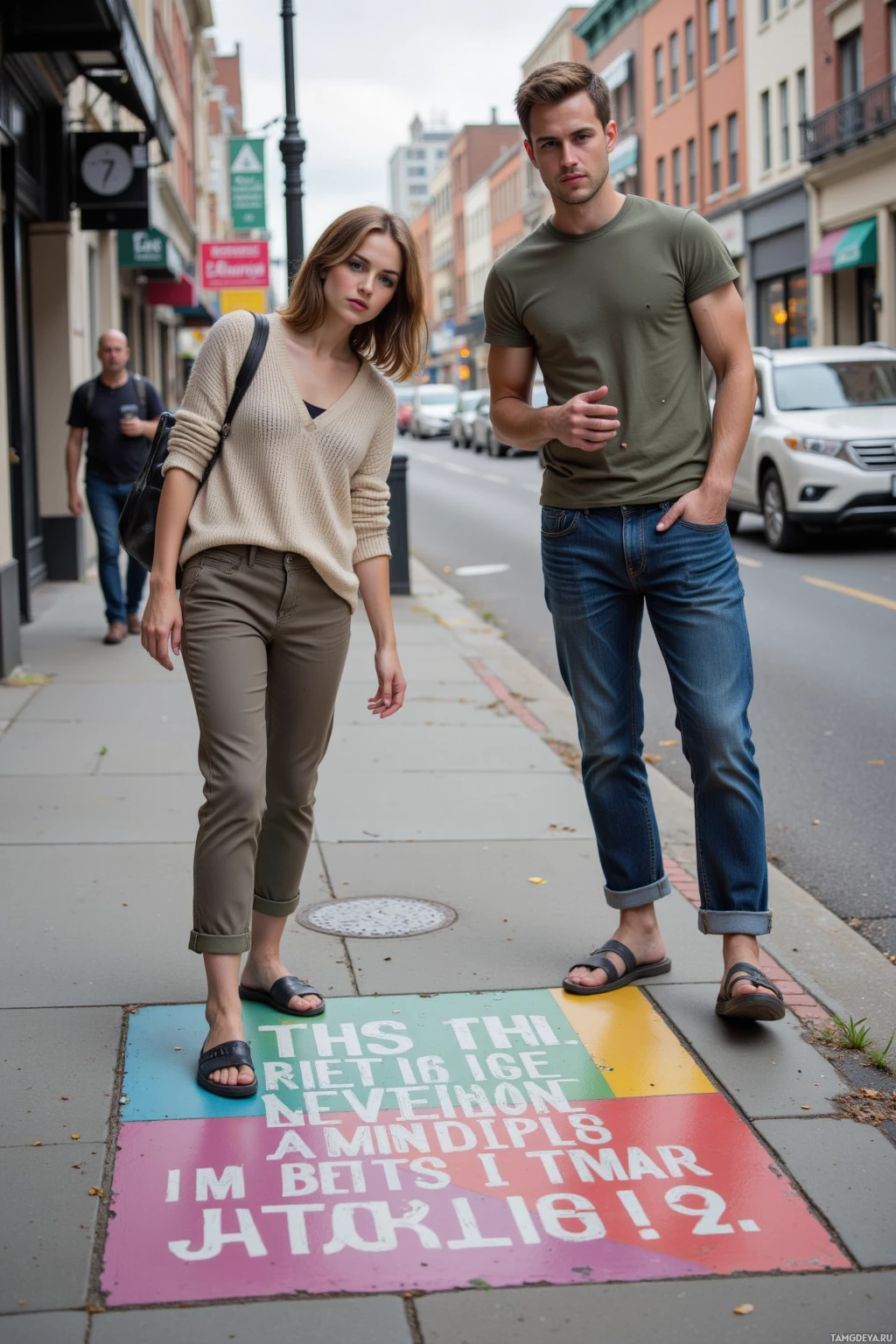 A man and a woman walk on a sidewalk with colorful pavement.