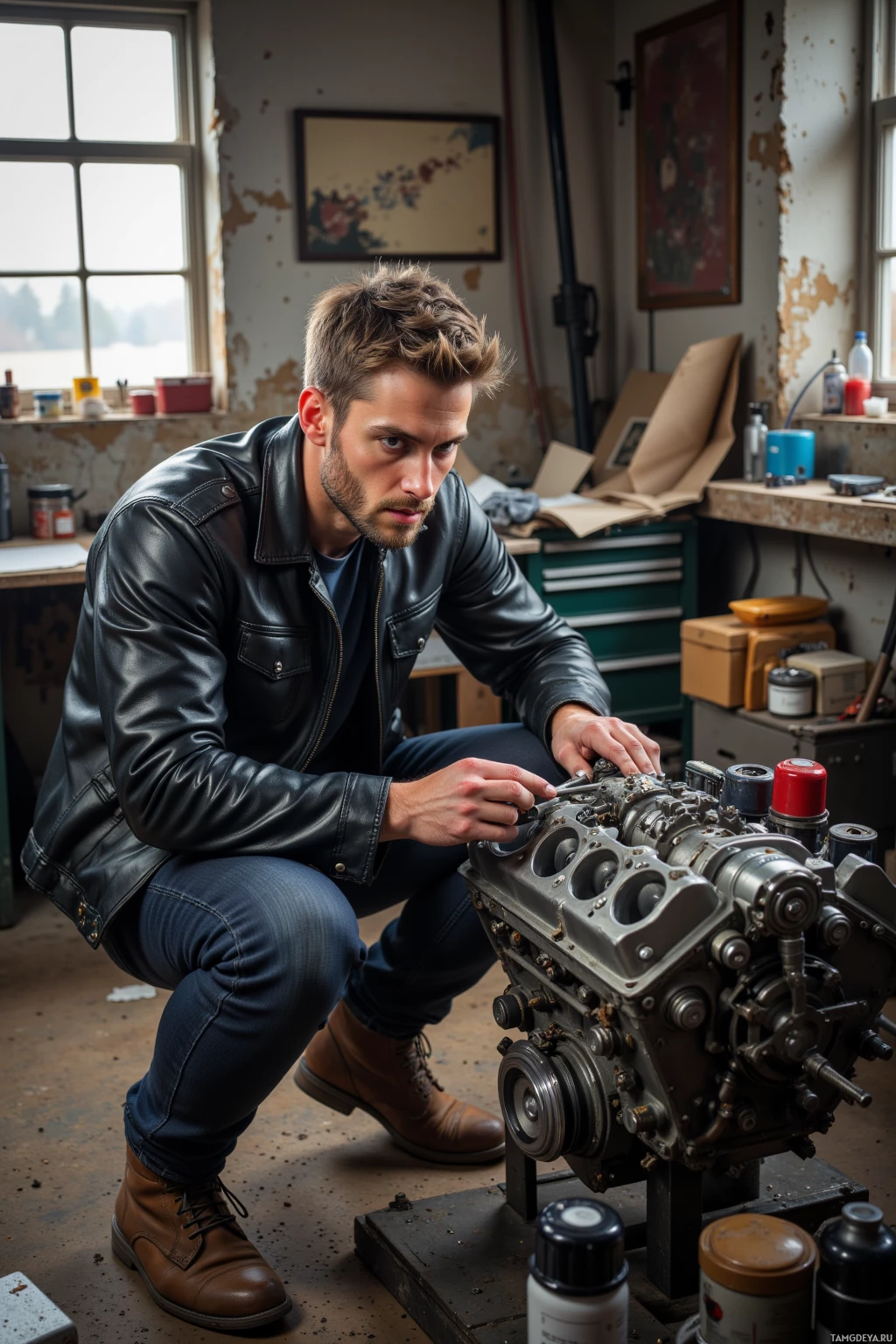 A man in a leather jacket works on a mechanical engine in a workshop.