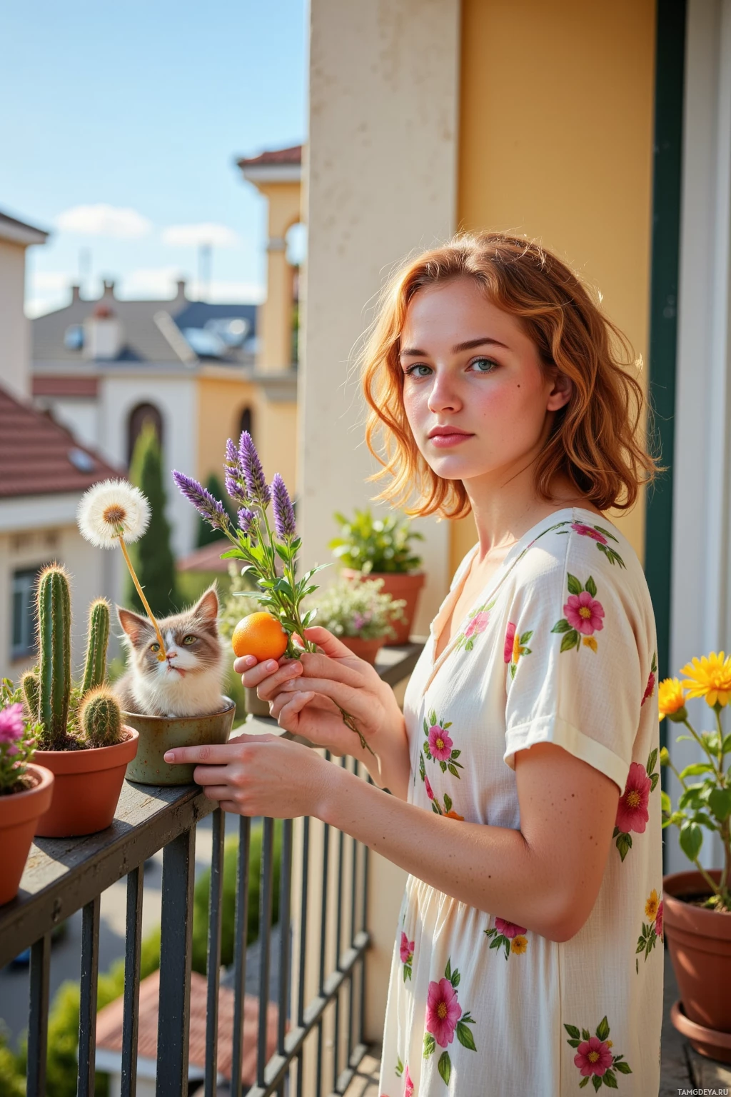 A woman stands on a balcony holding a flower, with a cat and potted plants in the background.