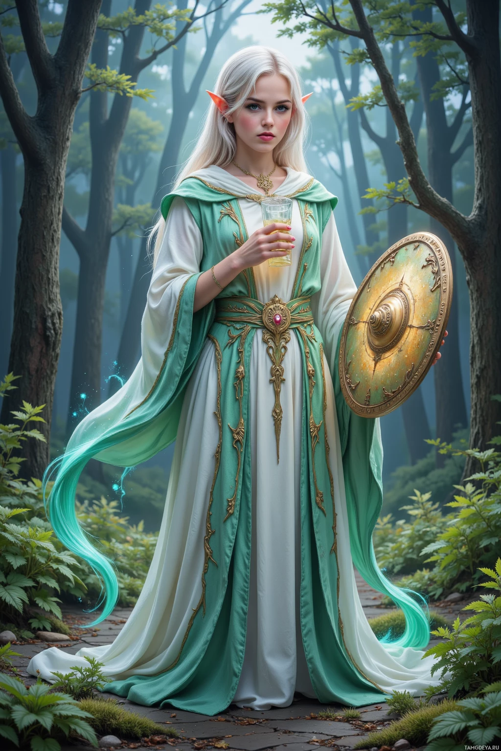 A woman in an elaborate green and white gown stands in a forest, holding a glass and a shield.