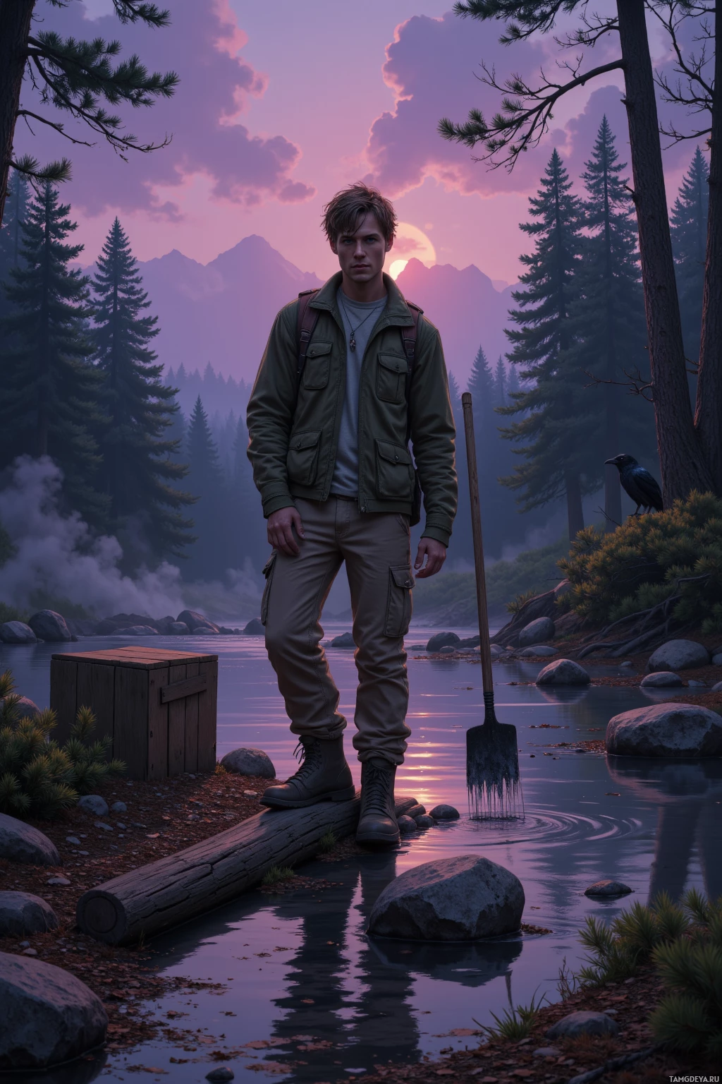 A person stands by a serene riverbank at dusk, surrounded by tall trees and mountains, holding a shovel.