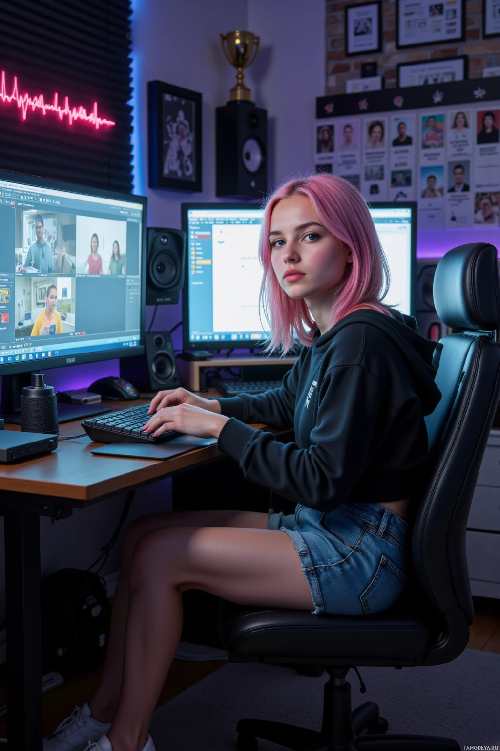 A person with pink hair sits at a desk, working on a computer.