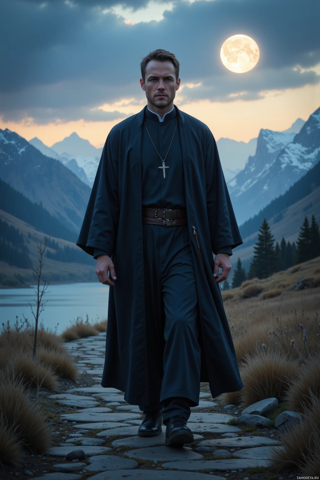 A man in a long dark robe stands on a stone path in a serene mountain landscape under a full moon.