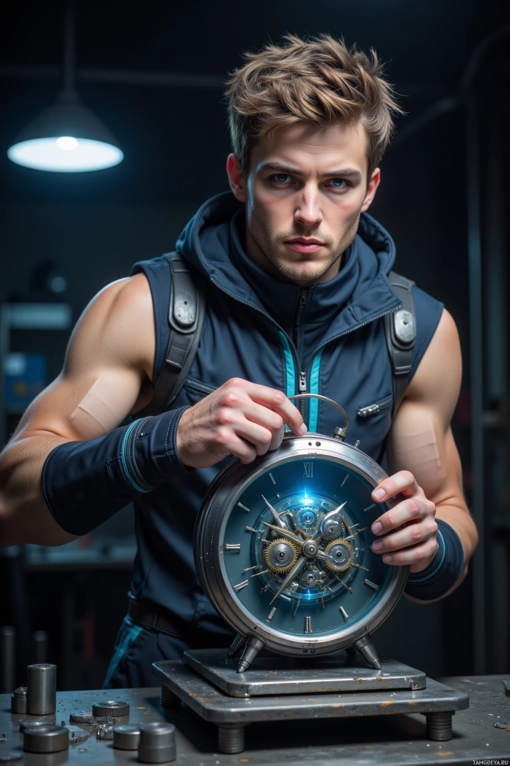 A man in a sleeveless jacket holds a complex, glowing clock-like device with gears and Roman numerals.