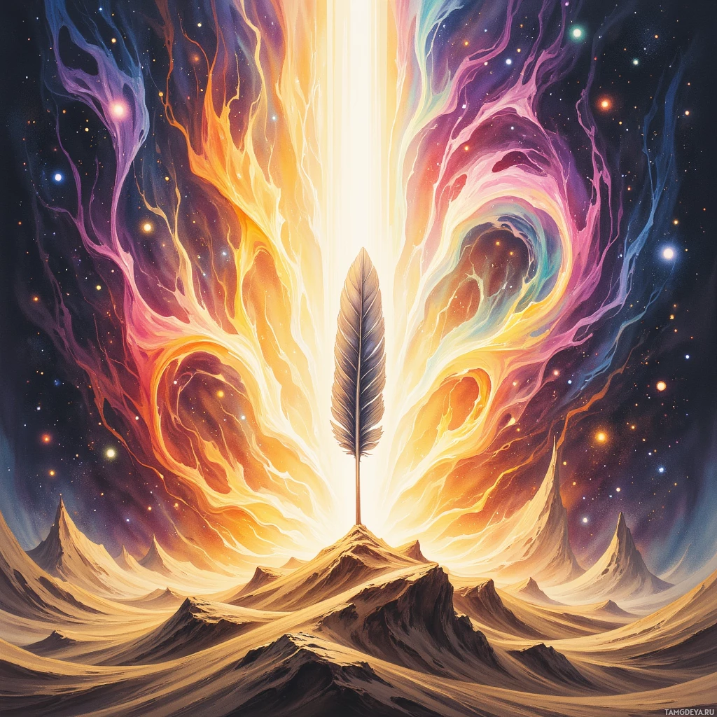 A surreal landscape featuring a feather-like object amidst a cosmic, fiery backdrop with swirling colors and stars.