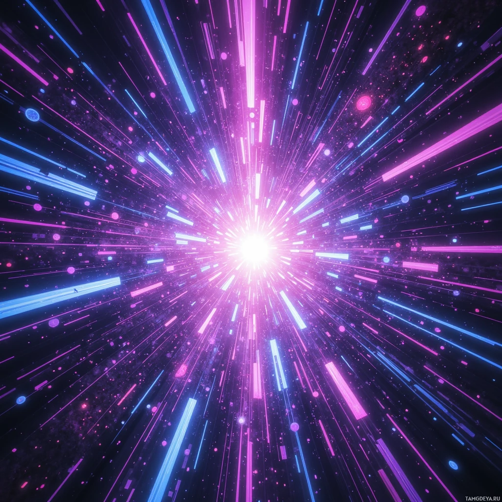 A vibrant cosmic scene with streaks of light and glowing particles radiating outward.