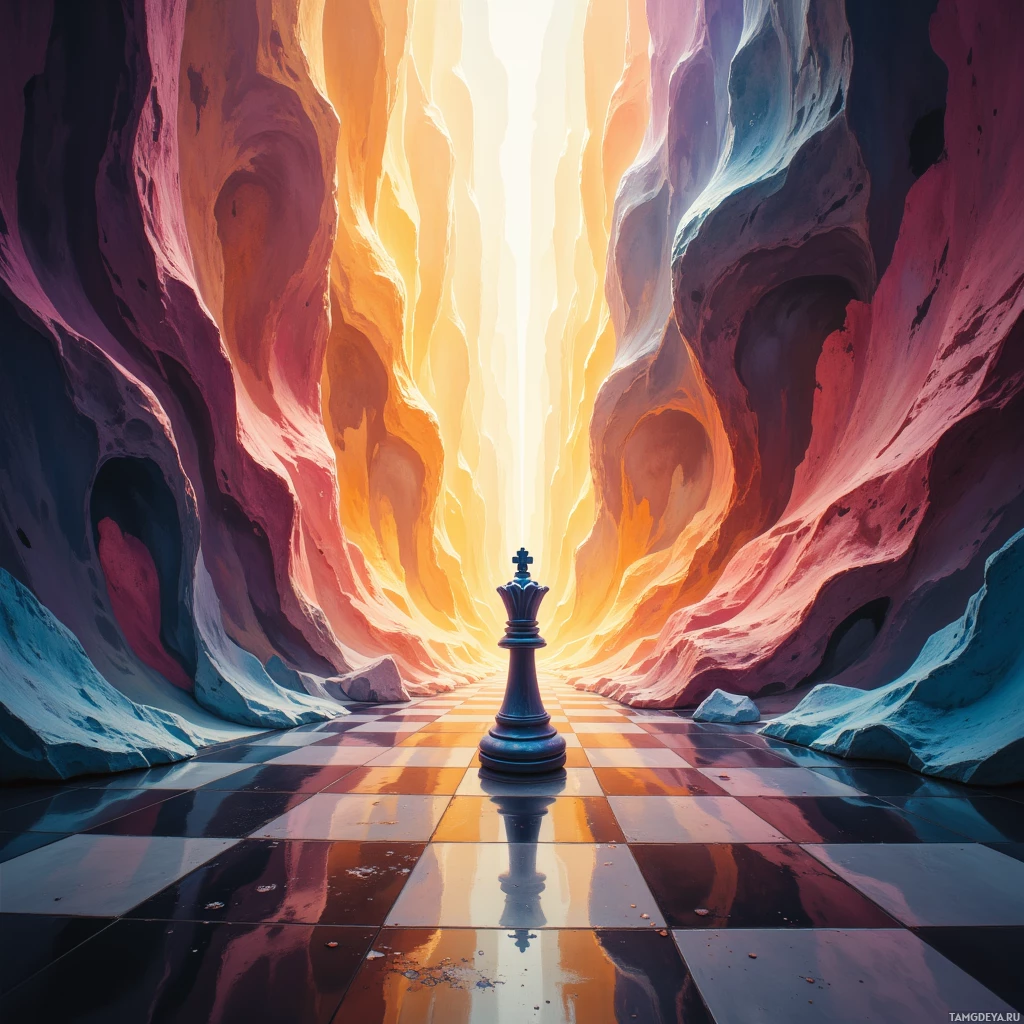 A chess piece stands on a checkered floor leading to a bright, glowing light at the end of a colorful, cave-like tunnel.