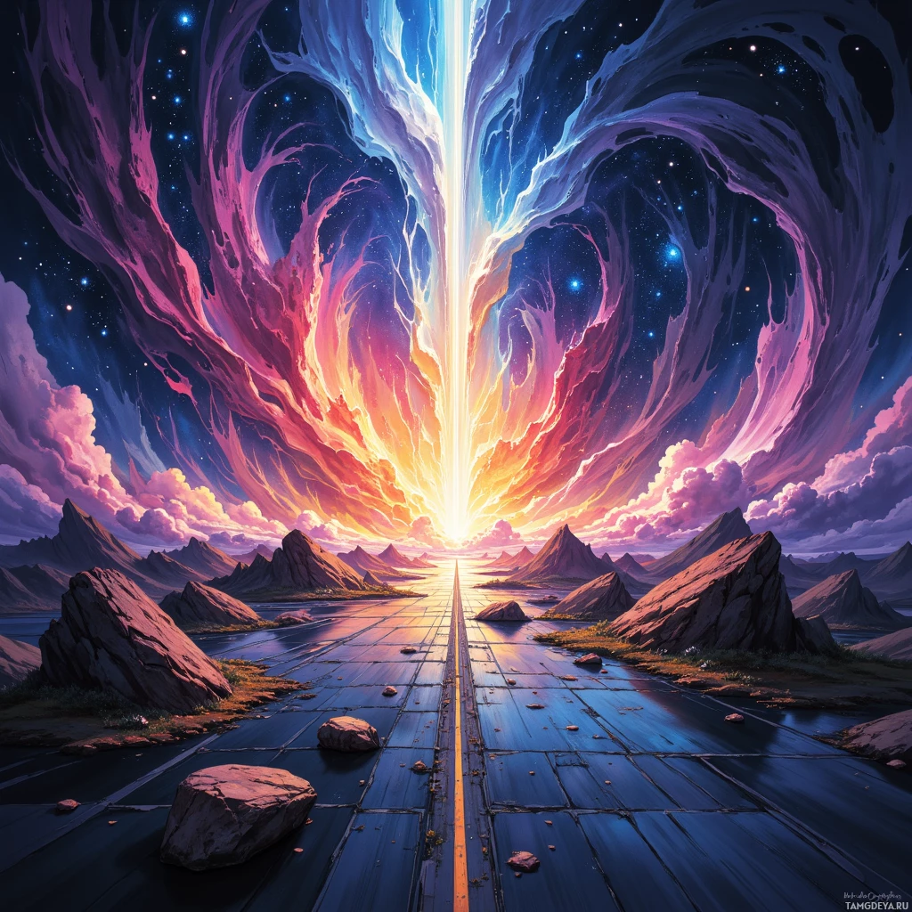 A vibrant, cosmic landscape featuring a glowing pathway leading towards a radiant light source amidst mountainous terrain and a starry sky.