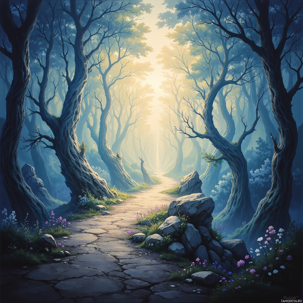 A serene forest scene with a winding path leading towards a bright light at the end.