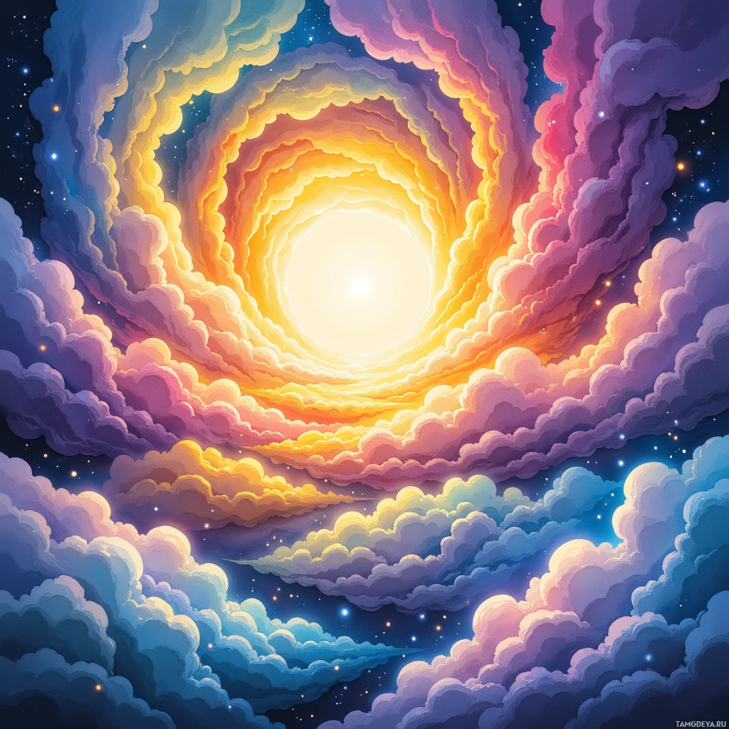 A vibrant, swirling cloud formation with a bright light at its center, set against a starry night sky.