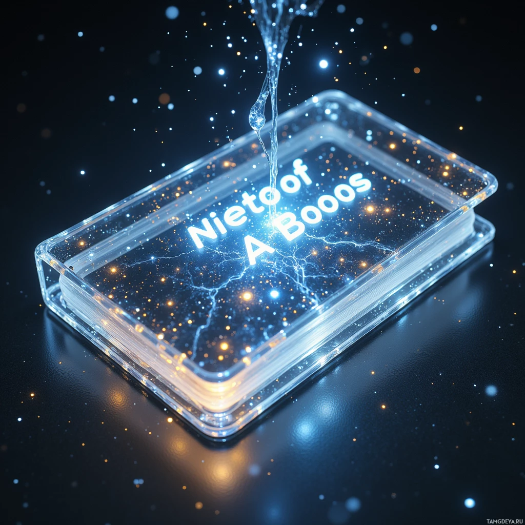 A glowing, transparent rectangular object with the text "Nietoof A Booos" on a dark background with scattered light particles.