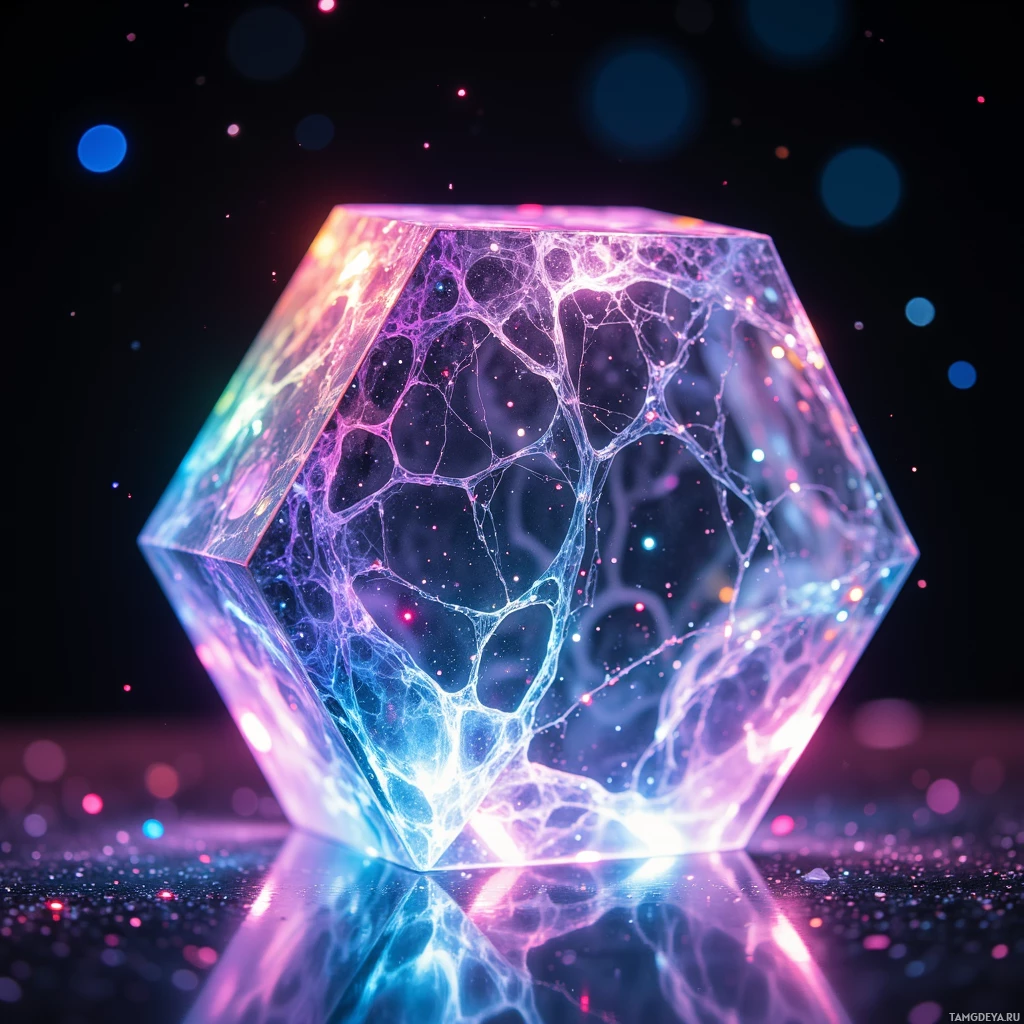A glowing, translucent, geometric structure with intricate, web-like patterns and vibrant colors against a dark background.