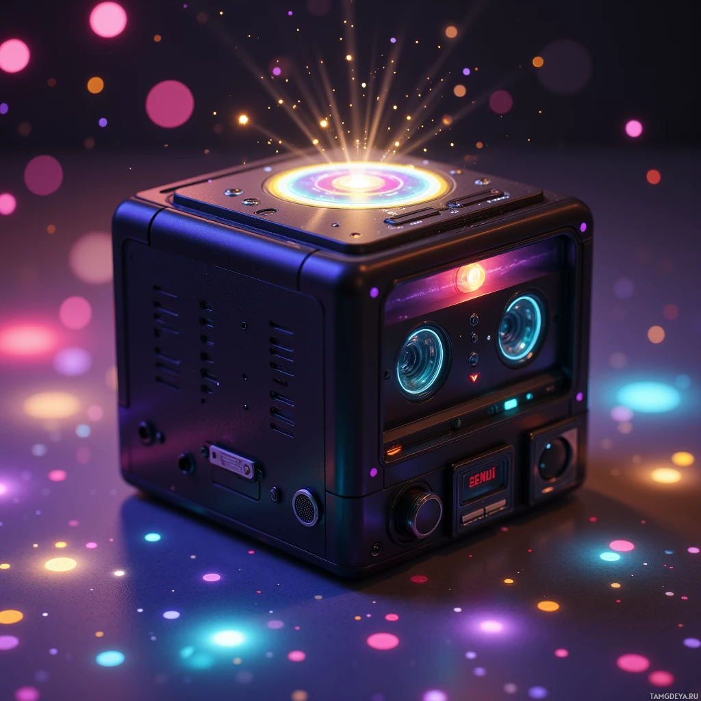 A futuristic cube device with glowing lights and a colorful background.
