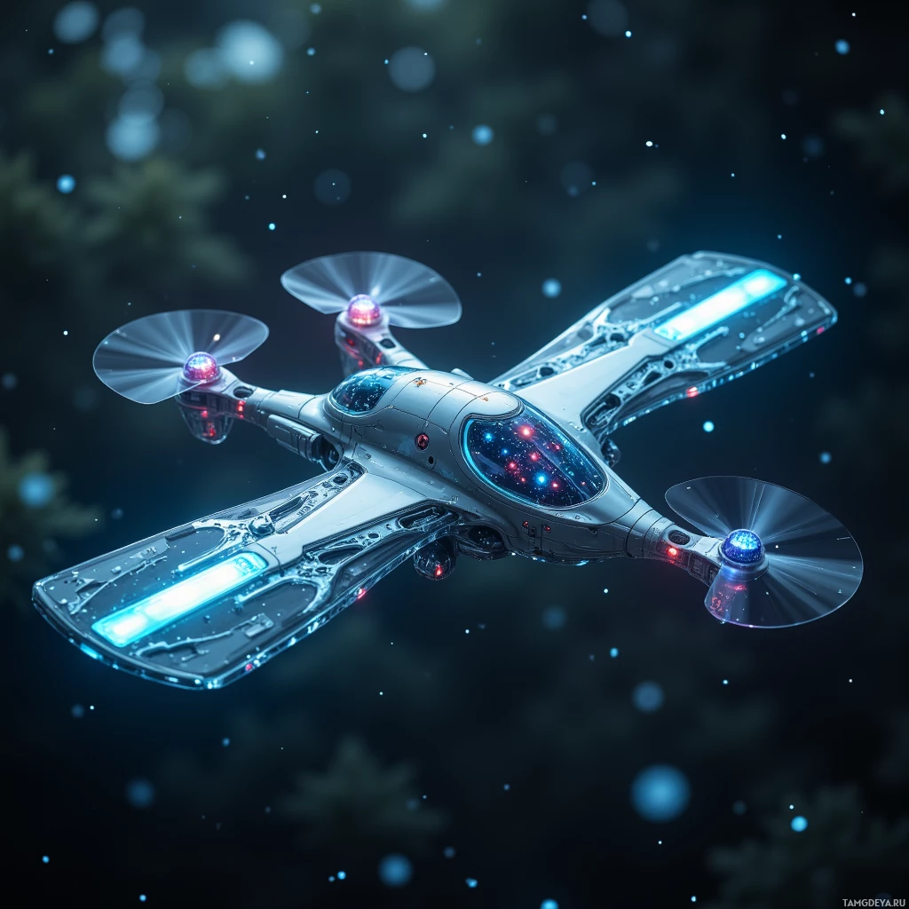 A futuristic drone with glowing lights and propellers is flying against a starry night sky.