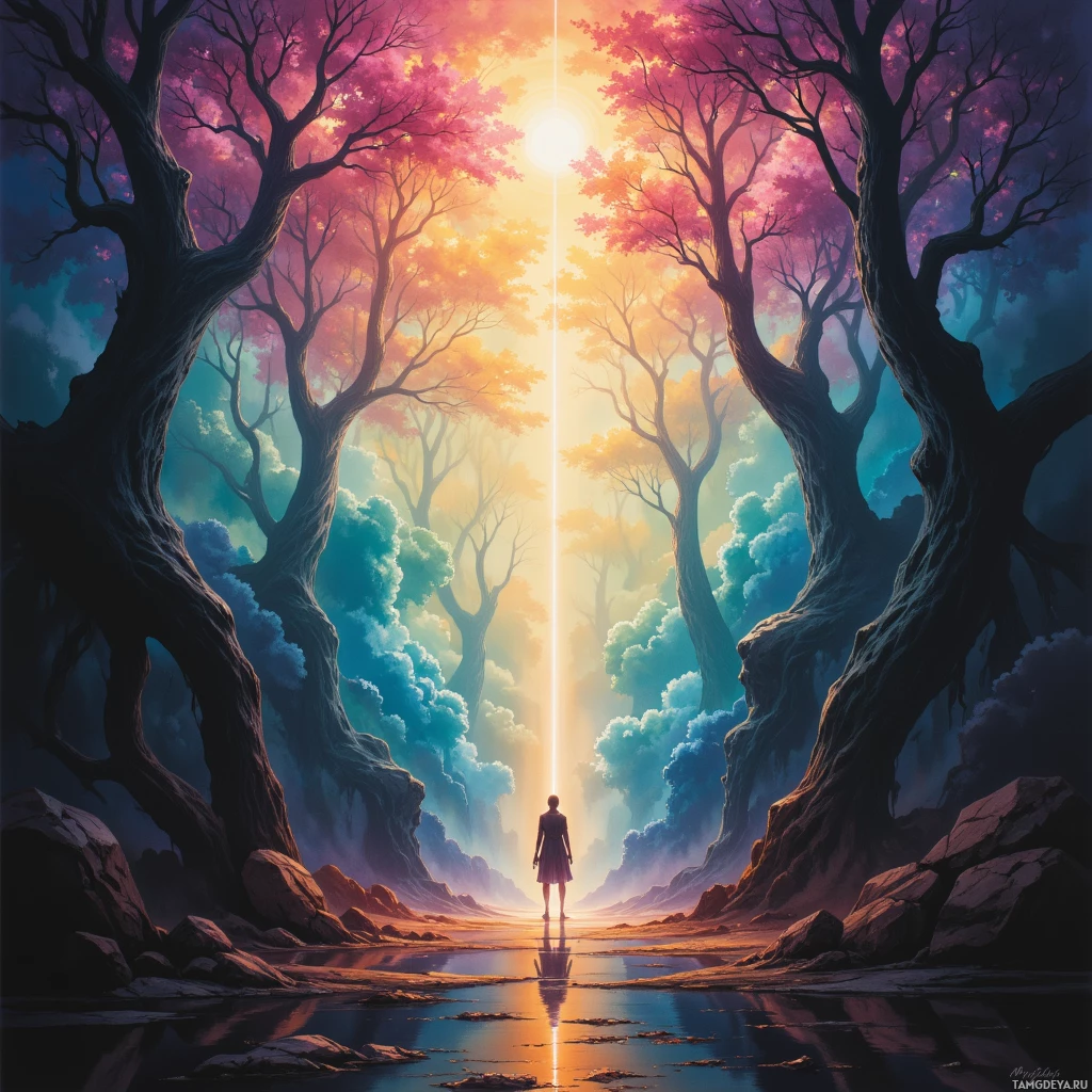 A person stands at the edge of a serene, colorful landscape with a glowing light source in the distance.