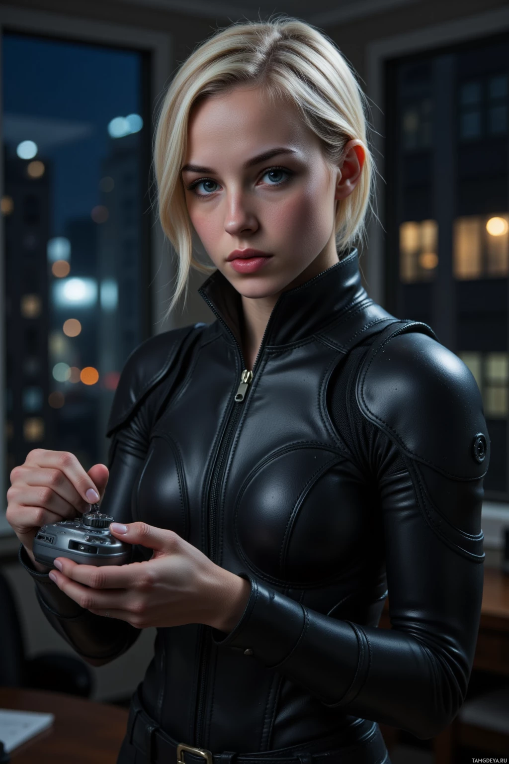 Realistic high quality photo. Female with short blonde hair, piercing blue eyes, wearing tight black leather armor, calibrating a small electronic device in a dimly lit apartment at night, a window shows quiet city streets, she moves silently, focused, resolute, alone, no accessories.