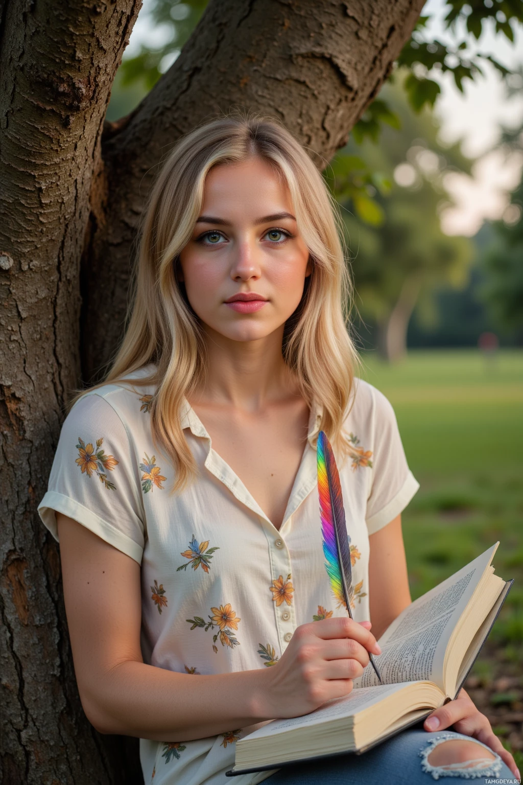 Realistic high quality photo. A 28‑year‑old woman with shoulder‑length blonde hair, green eyes, fair skin, wearing a light floral blouse, sits beneath an ancient willow, tracing bark with her fingertip while a feather drifts onto her notebook, ink blooming into a fleeting rainbow as she laughs, in a tranquil forest clearing at dusk.
