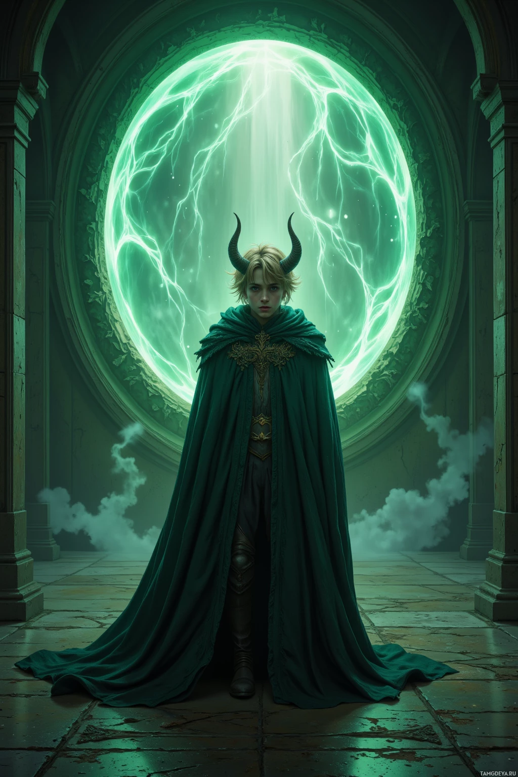 Realistic high quality photo. A 16‑year‑old pale male with messy blonde hair, light eyes, wearing a horn‑shaped helmet and a large flowing cloak, standing in a dim hallway with a glowing green portal humming, wind swirling around him as he practices silent shouting, faint translucent silhouettes of lost kingdoms echoing in the air.