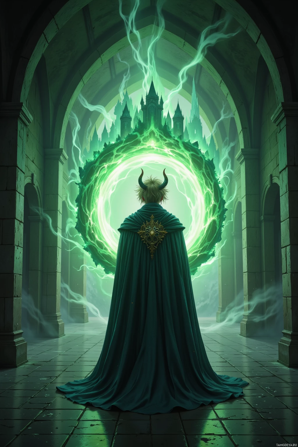 Realistic high quality photo. A 16‑year‑old pale male with messy blonde hair, light eyes, wearing a horn‑shaped helmet and a large flowing cloak, standing in a dim hallway with a glowing green portal humming, wind swirling around him as he practices silent shouting, faint translucent silhouettes of lost kingdoms echoing in the air.