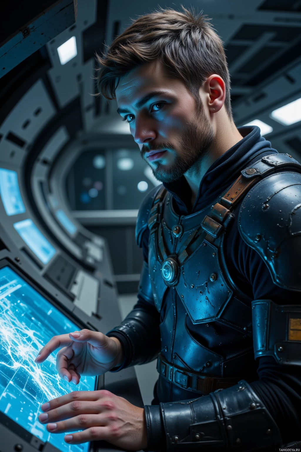 Realistic high quality photo. A rugged 32‑year‑old male with short messy dark brown hair, blue eyes, pale skin, a scar across his left cheek, wearing dark worn leather armor with subtle metallic accents, upright posture, standing in a dimly lit high‑tech command center, scrolling through holographic heat‑map data on a glass console, tightening micro‑tolerances on a digital display, with a faint blue glow illuminating his focused face.