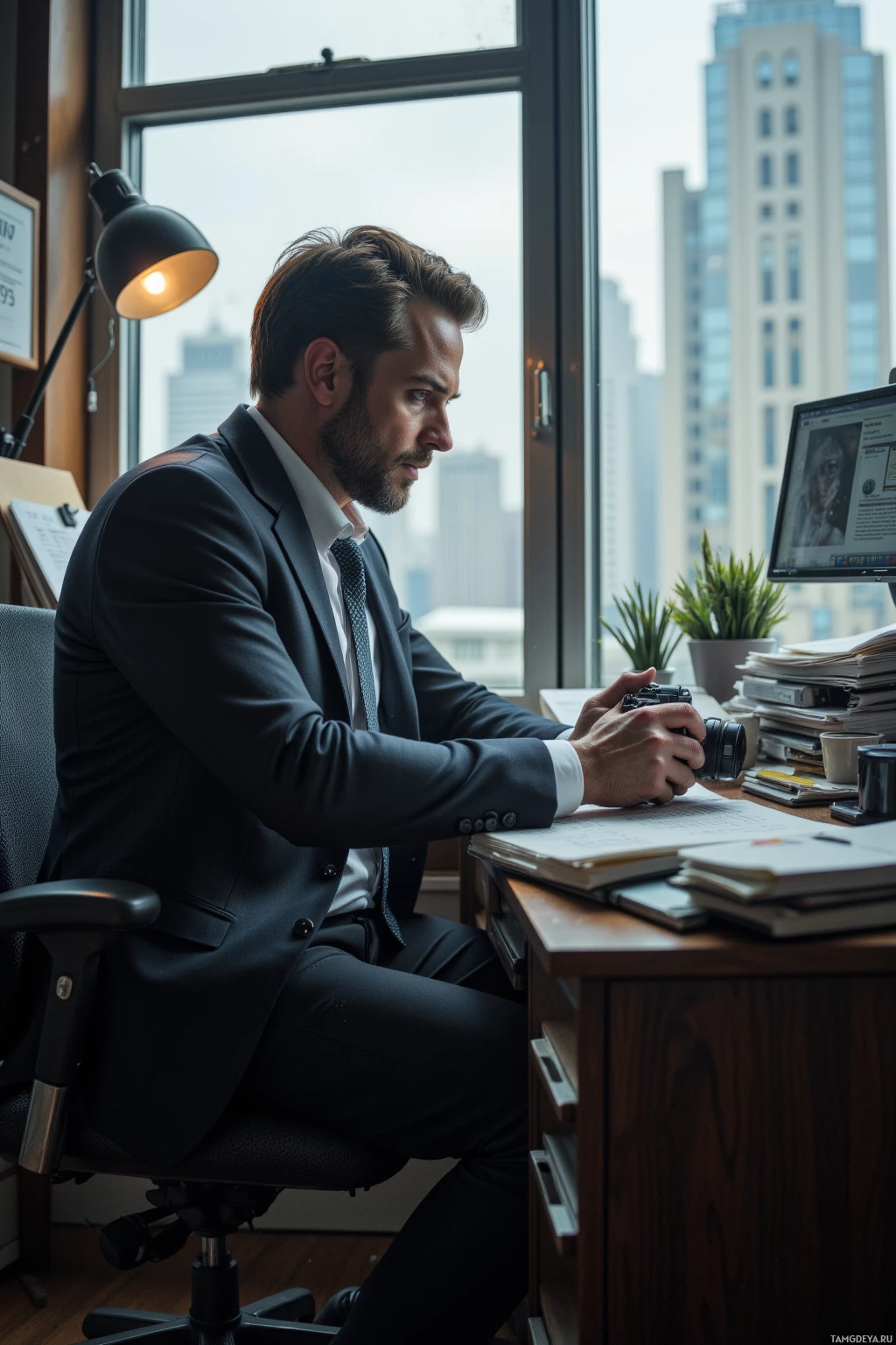 Realistic high quality photo. Middle-aged male journalist, 45, neatly combed brown hair, piercing blue eyes, fair skin, sharp features, wearing a formal black suit, holding a leather‑strapped camera, sits at a cluttered newsroom desk on a rainy afternoon, staring at a copier’s glare with a stack of unsolved reports and an open notebook while a gray city bleeds through the window.