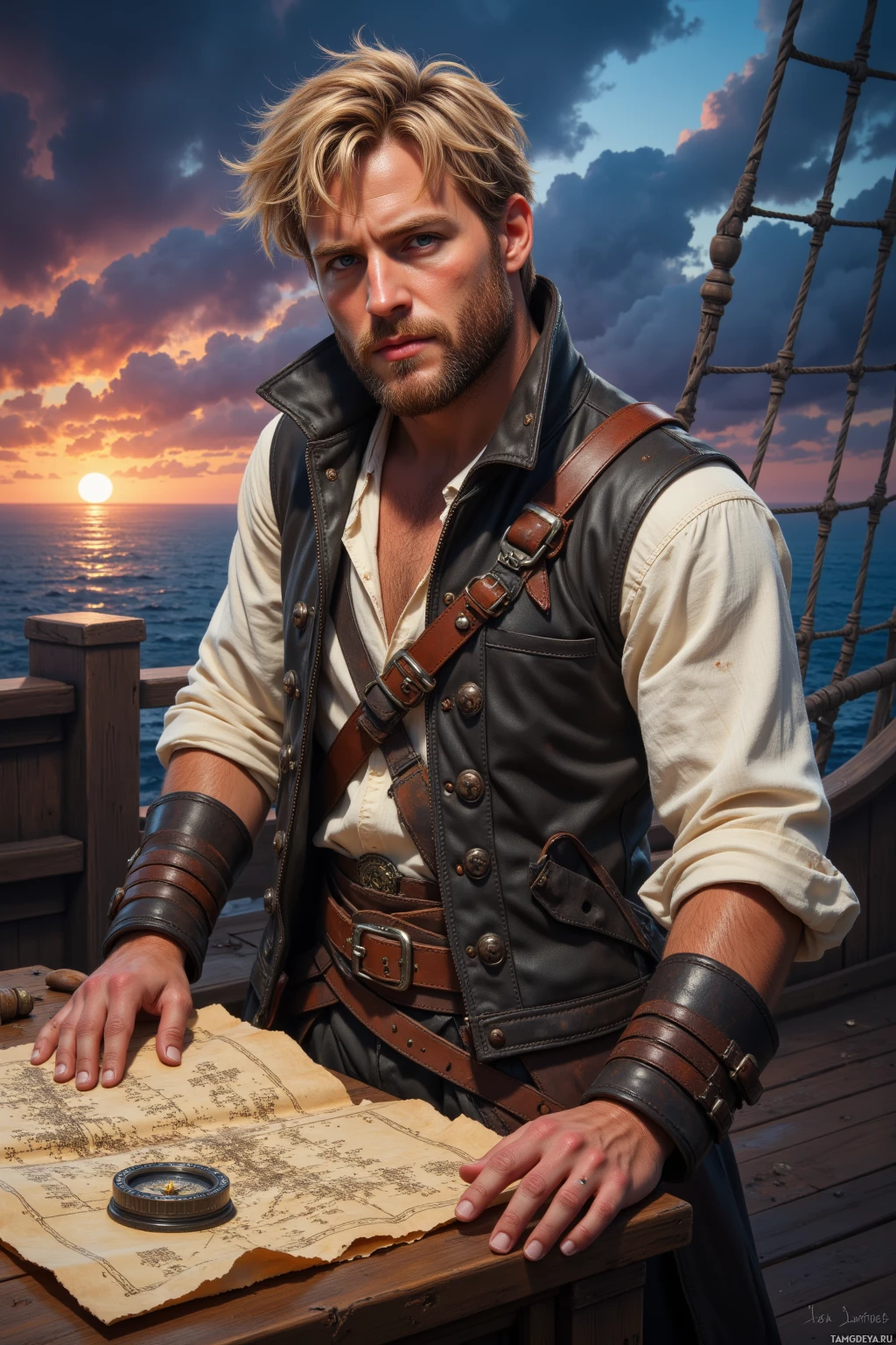 Realistic high quality photo. Male, 30, messy blonde hair, beard, sharp blue eyes, strong jawline, wearing a worn leather vest over a white linen shirt, rugged pirate pants, wide belt with intricate buckle, standing on a wooden deck of a fantasy pirate ship at twilight, holding a compass, leaning over an inked abyss chart, horizon glowing, wind swirling, exuding bold, adventurous charisma.