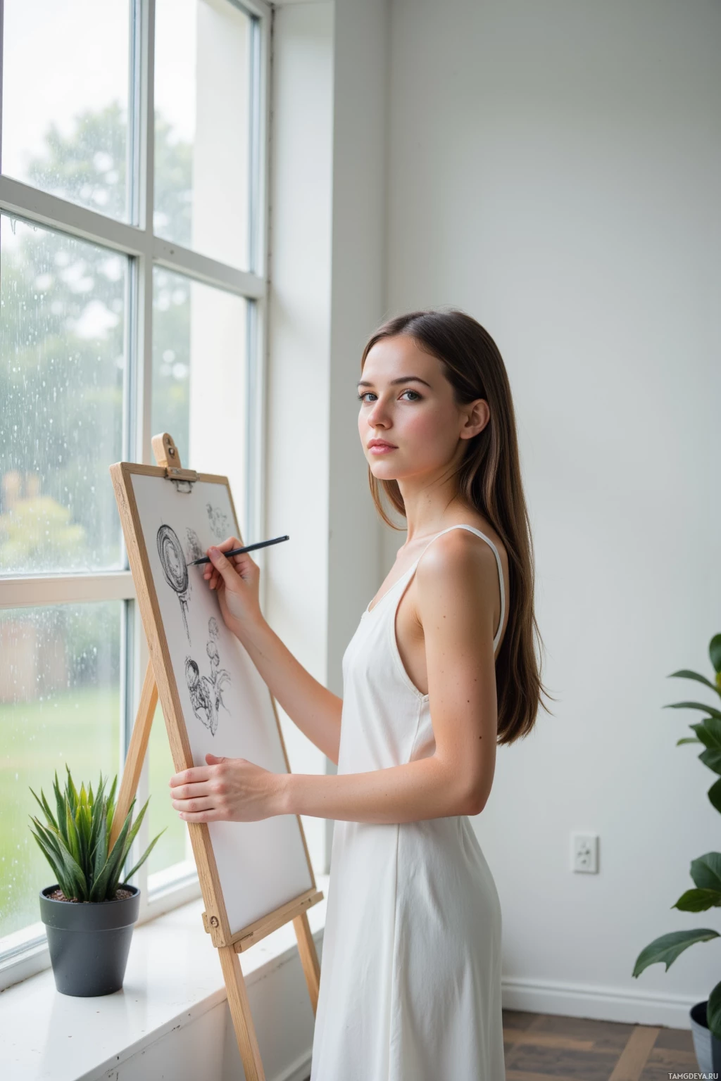 Realistic high quality photo. 28‑year‑old woman with sleek dark brown hair, wearing a minimalist white dress, standing in a modern studio with a white wall, sketching on a sketchboard while rain drips on a large glass window, soft morning light illuminating her calm, focused expression, surrounded by clean, minimalist design elements.
