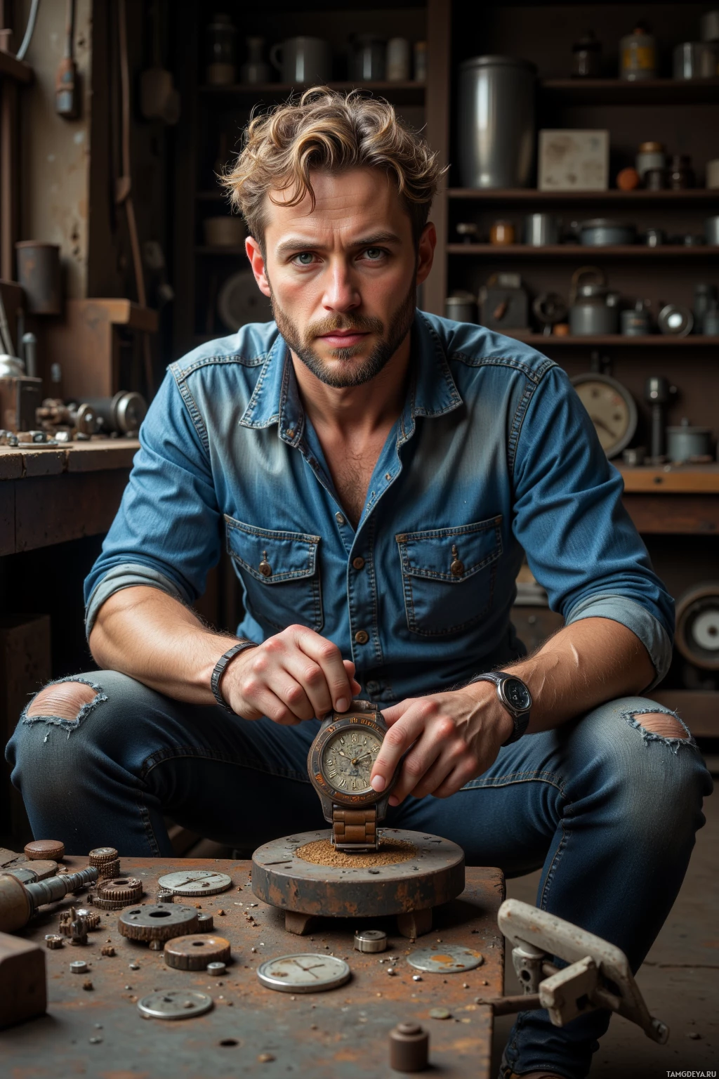 Realistic high quality photo. A 28‑year‑old man with curly blonde hair, blue eyes, rugged skin tone, wearing a faded denim shirt, worn jeans, and work gloves, sits at a cluttered workbench in a dim workshop, meticulously adjusting gears of a rusted wristwatch, surrounded by scattered old parts, as slow afternoon light streams in.