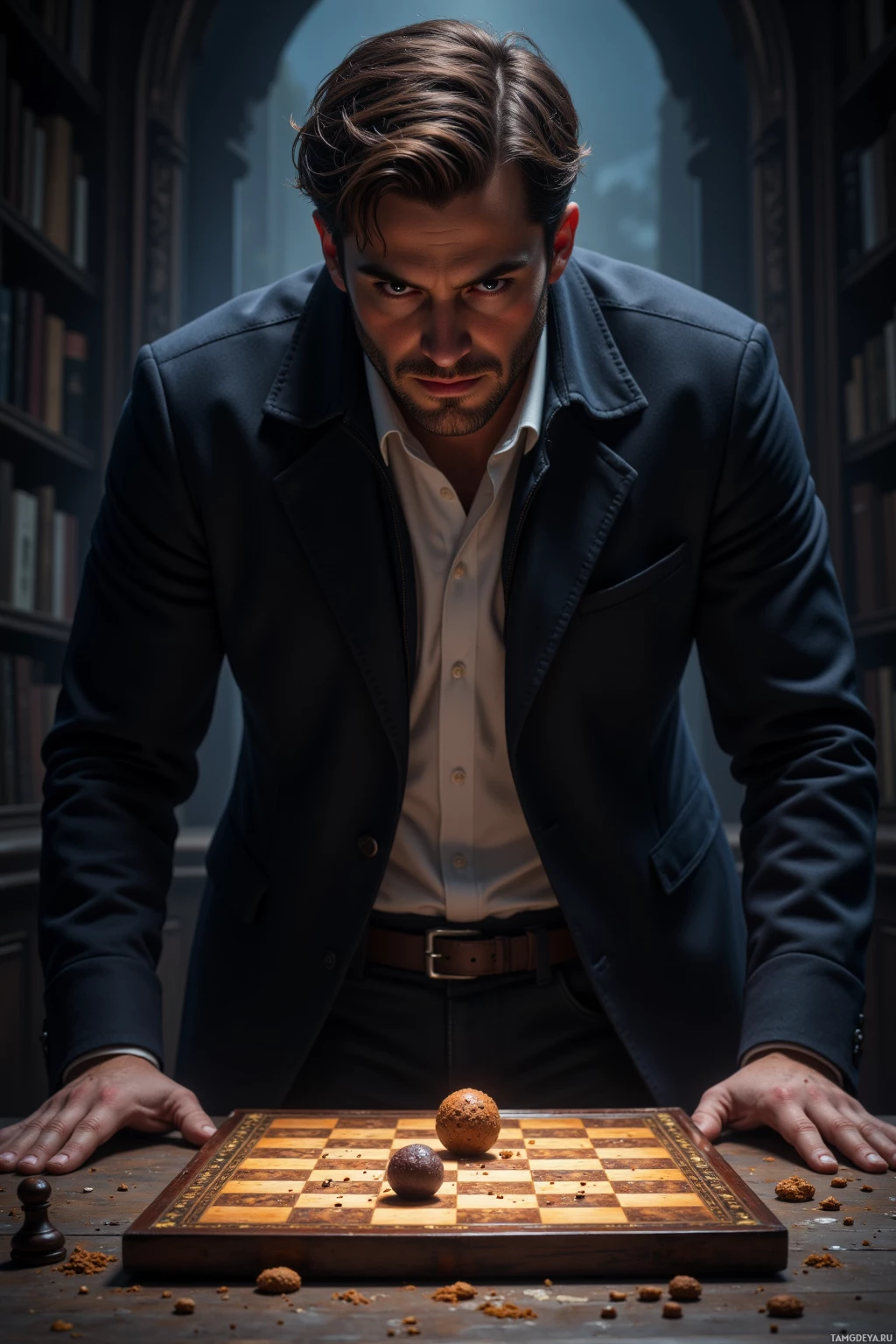 Realistic high quality photo. Midnight in a dimly lit study, a tall man with dark brown hair, intense blue eyes, wearing a fitted dark jacket and black jeans, watches a chocolate truffle slip onto a glowing chessboard, crumbs scattering, his serious face with a detached grin, plotting in the shadows.