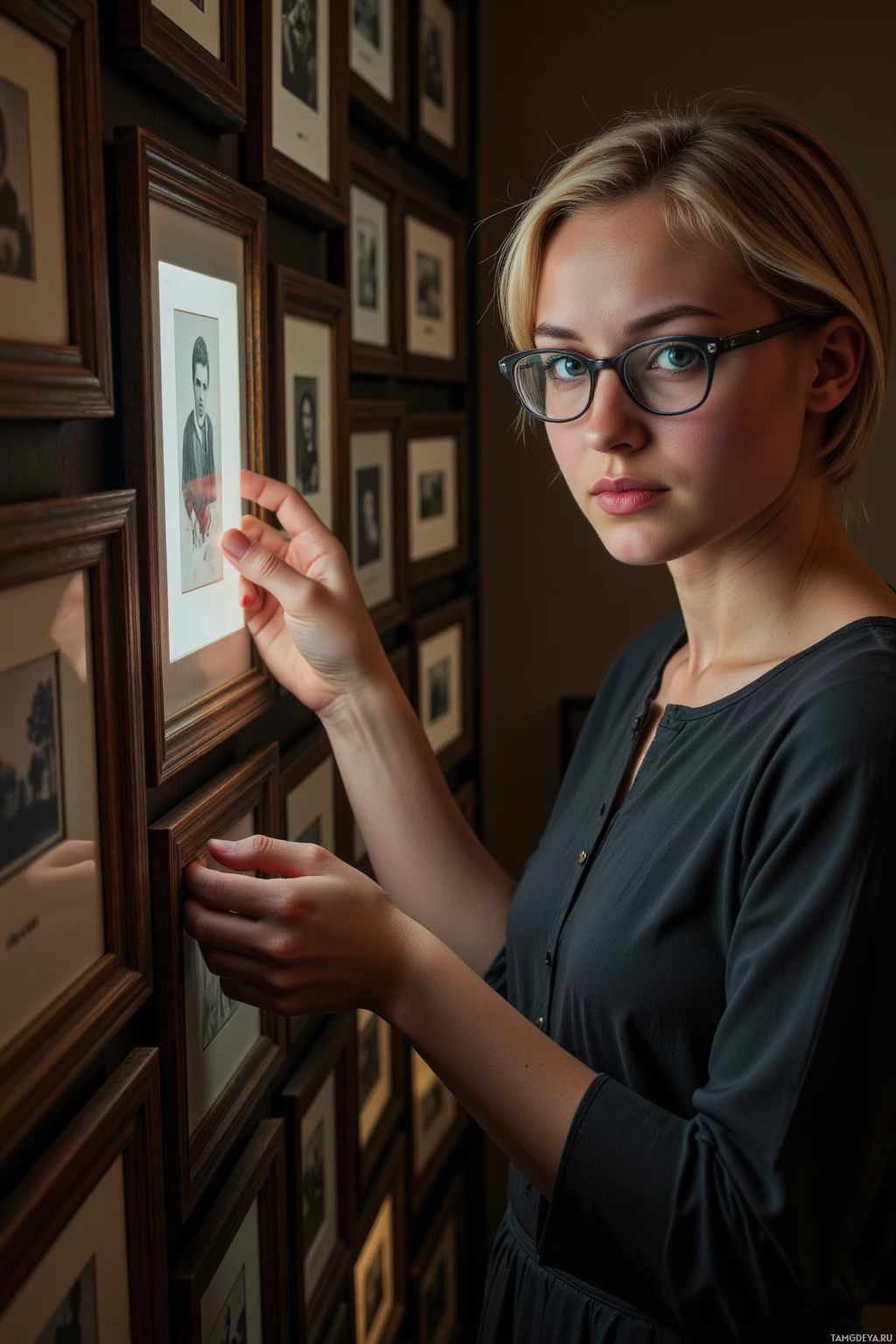 Realistic high quality photo. A 26‑year‑old woman with short blonde hair, blue eyes, artistic glasses, a defined jawline and soft smile, wearing a vintage‑inspired dress, stands in a dimly lit archive filled with rows of old photographs, examining a framed photo for a missing lens blur under flickering low light, her brows furrowed as she re‑checks the focus.