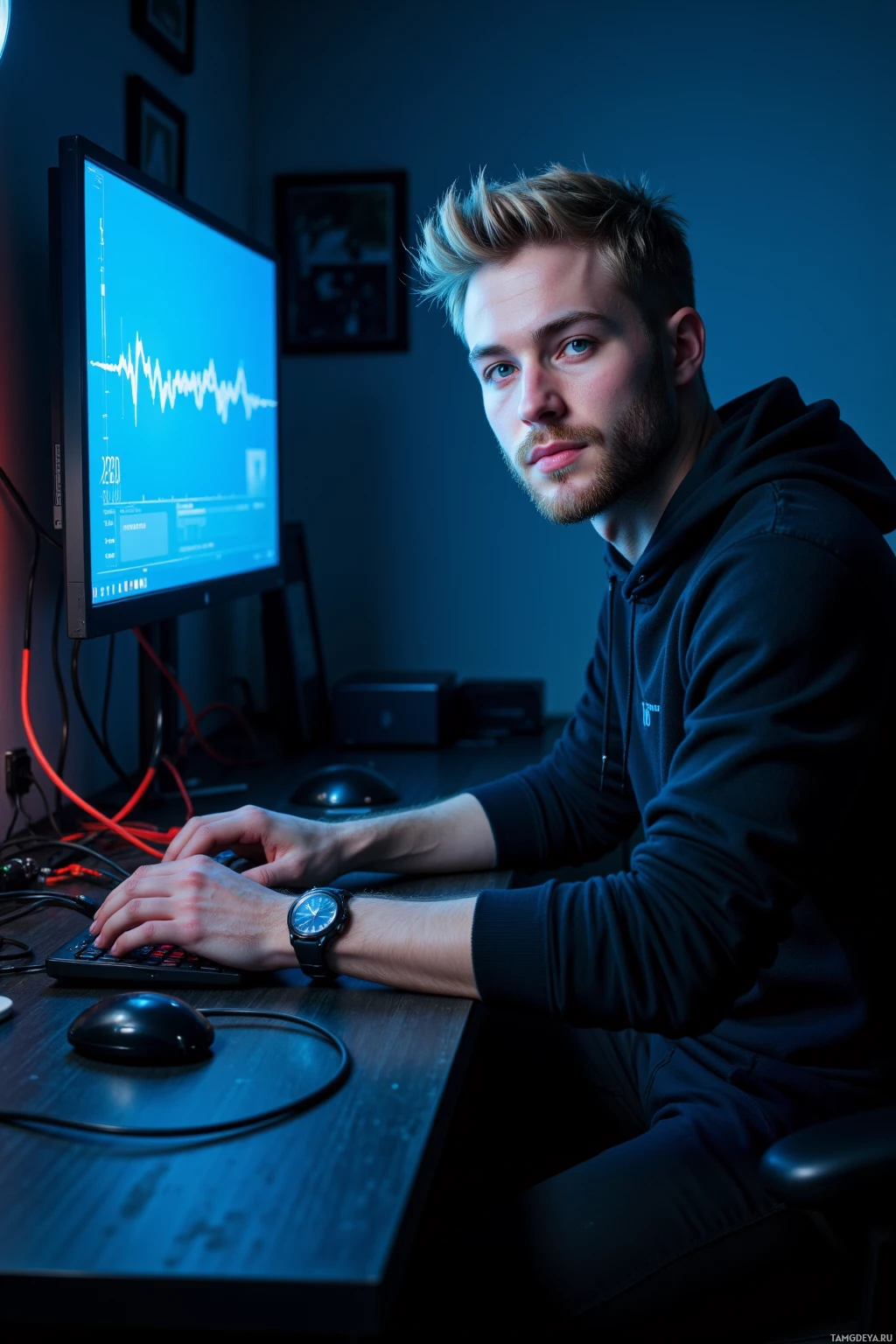 Realistic high quality photo. Man, 27, short messy blonde hair, blue eyes, wearing a casual black hoodie and relaxed fit pants, sits at a dimly lit desk at night, pale blue monitor glow illuminating his face, surrounded by tangled cables, he counts seconds between his heartbeat and a new GPU's scanline on a wristwatch, a small smile on his lips.
