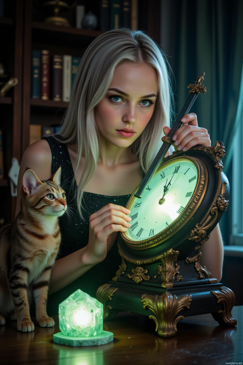 Realistic high quality photo. Woman, 26, white skin, straight silver hair, blue eyes, wearing a shimmering tailored dress, stands in a dimly lit study measuring the angle of an antique quartz clock face with a digital protractor, revealing a perfect hexagon, while a small greenish mineral glows faintly in a dark corner and a cat watches her with puzzled admiration.